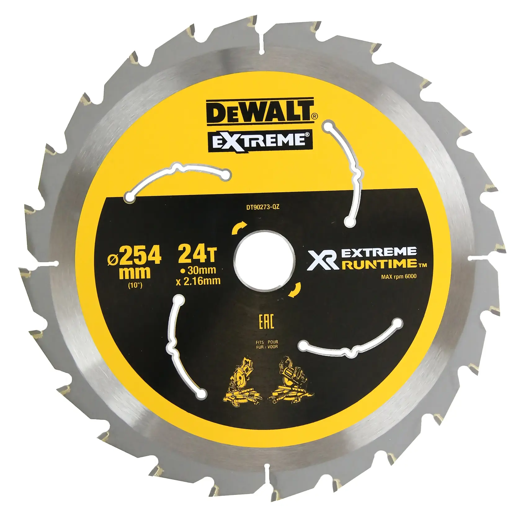 DEWALT DT90273 circular saw blade, 254mm, 24 teeth, Extreme XR Runtime, yellow and black design.