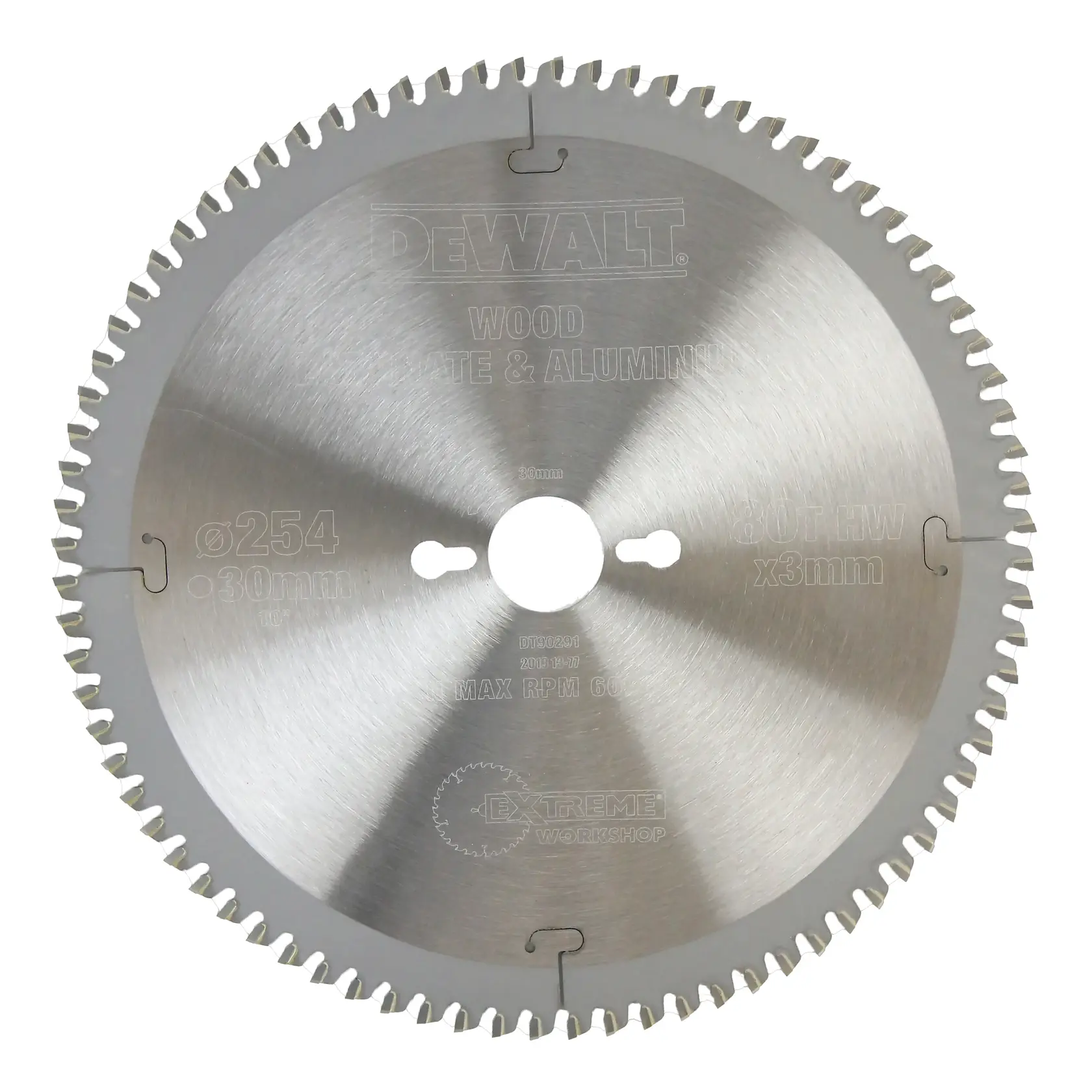 DEWALT 254mm circular saw blade for wood, laminate, and aluminum, with 80 teeth and 30mm bore.