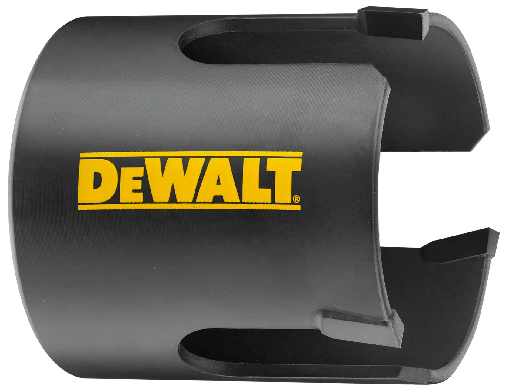 Accesorio cilíndrico negro DEWALT DT90404 con extremos abiertos y logo amarillo en el lateral.