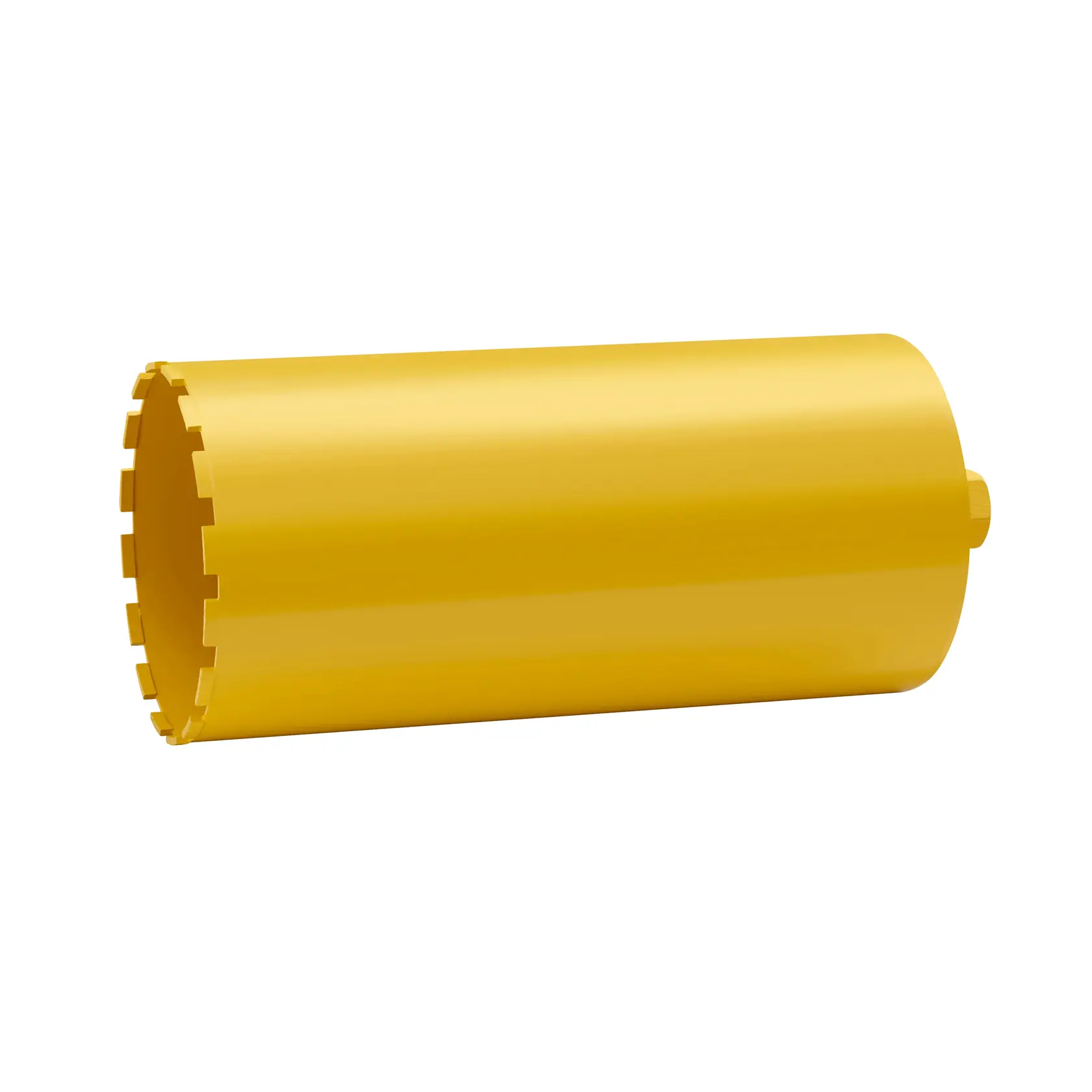 Yellow cylindrical DEWALT core drill bit with segmented cutting edge on white background.