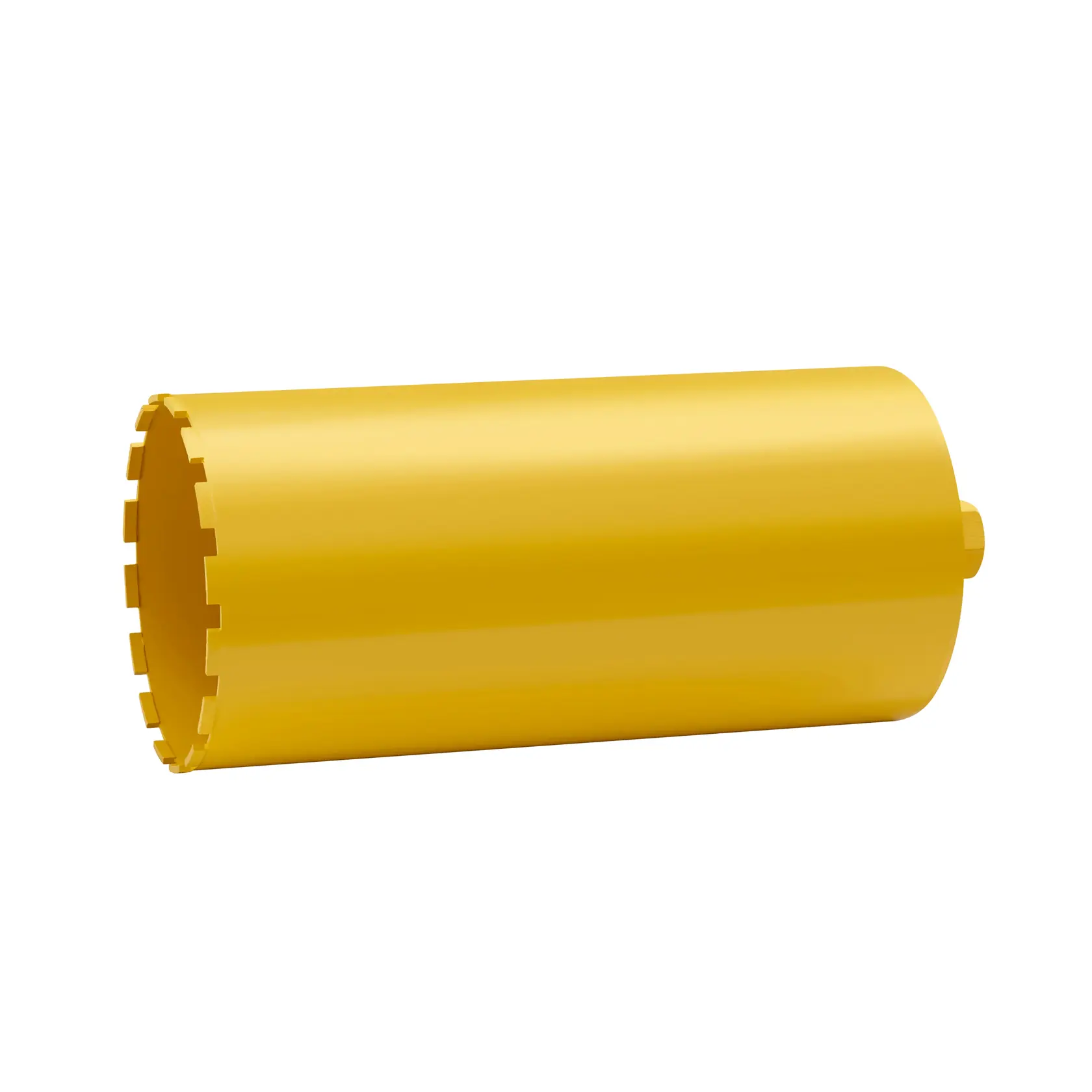 Yellow cylindrical DEWALT core drill bit with serrated edge, used for drilling in masonry or concrete.