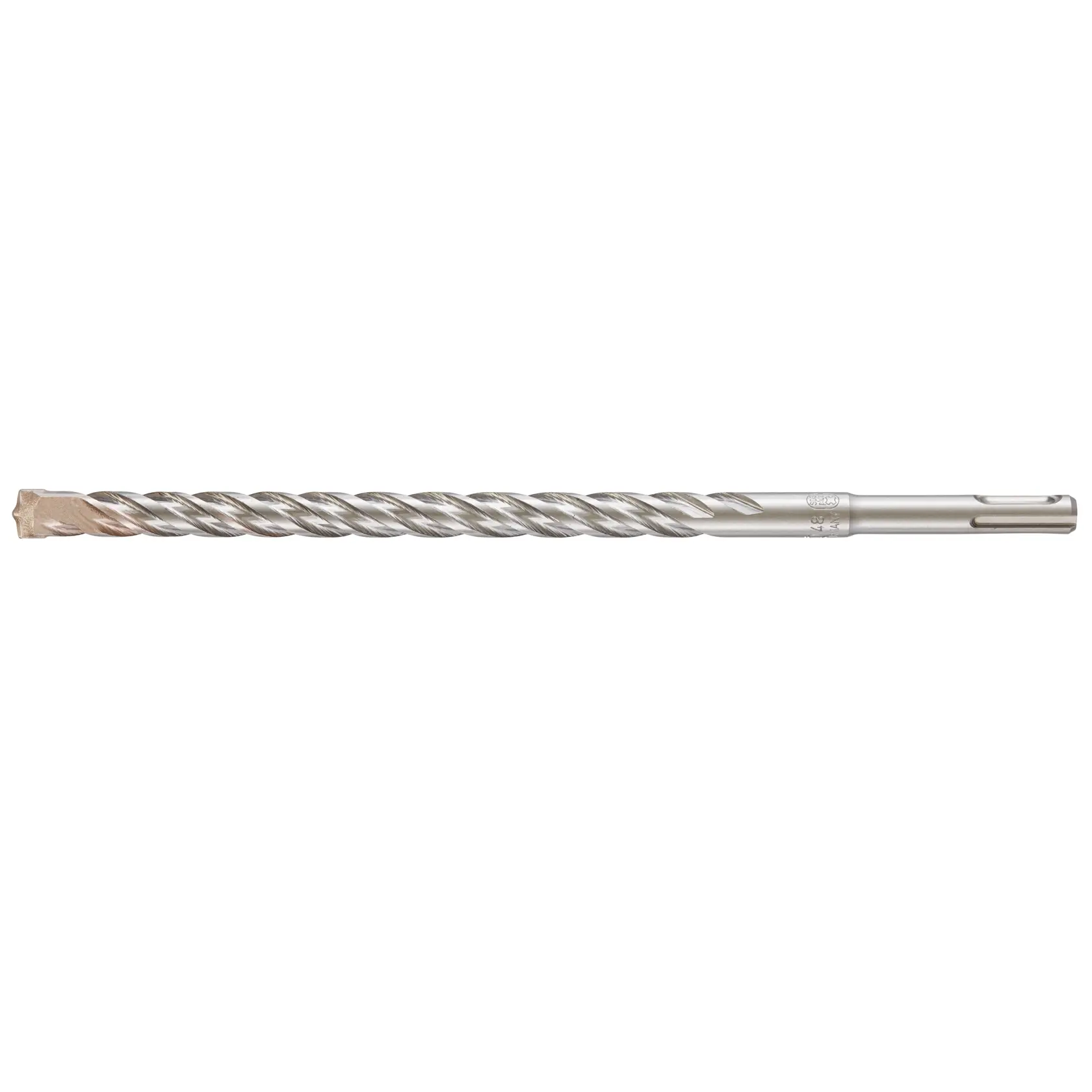 A metal rotary hammer drill bit with spiral flutes and an SDS shank, photographed against a white background.