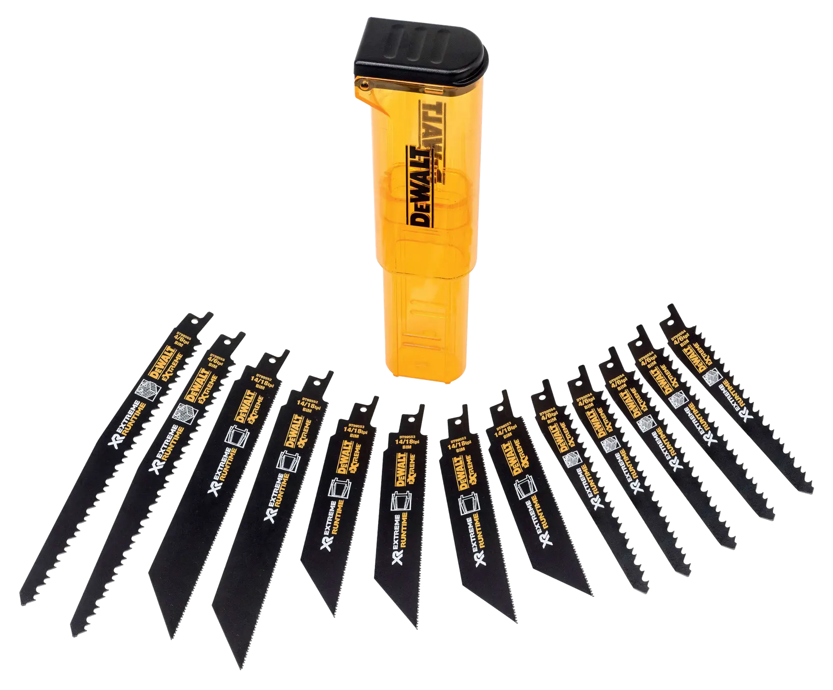 Grafik mit DEWALT XTREME Sub-Compact Series Branding und dem Slogan 'Kompakt und leistungsstark' auf gelbem Hintergrund.