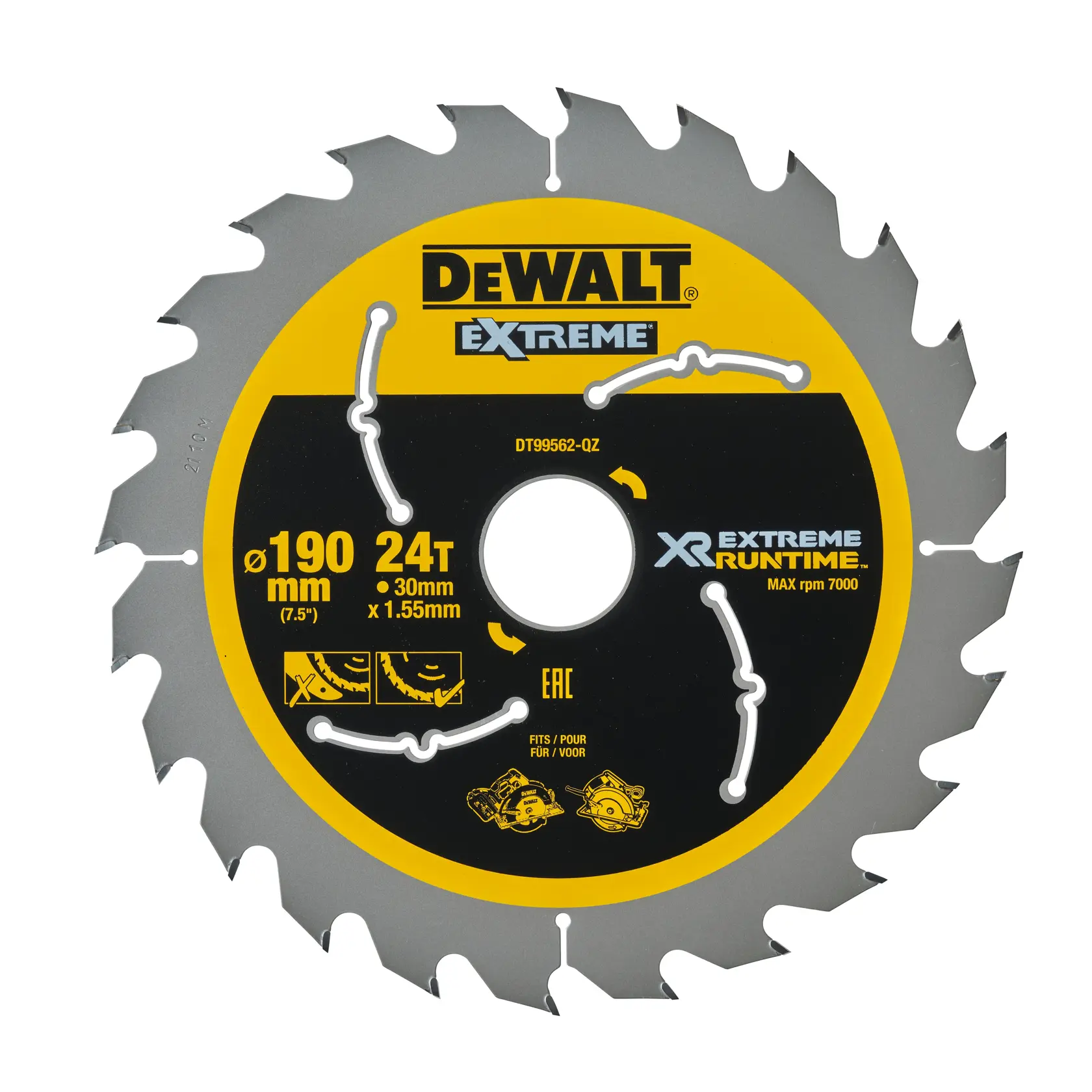 DEWALT DT99562 circular saw blade, 190mm, 24 teeth, for XR Extreme Runtime, max 7000 rpm.