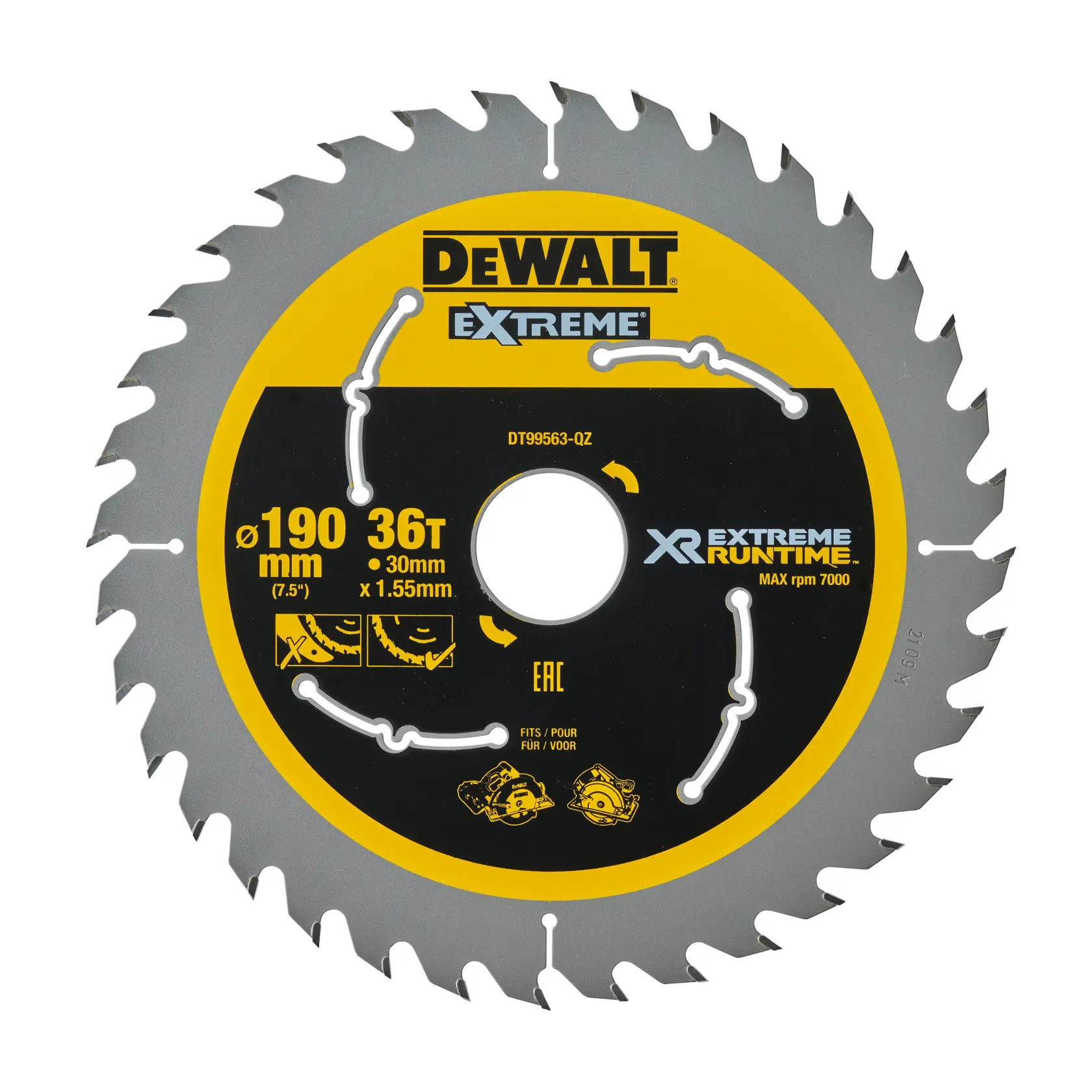 DEWALT Extreme 190mm 36T circular saw blade for wood, labeled DT99563, silver teeth and yellow-black center.