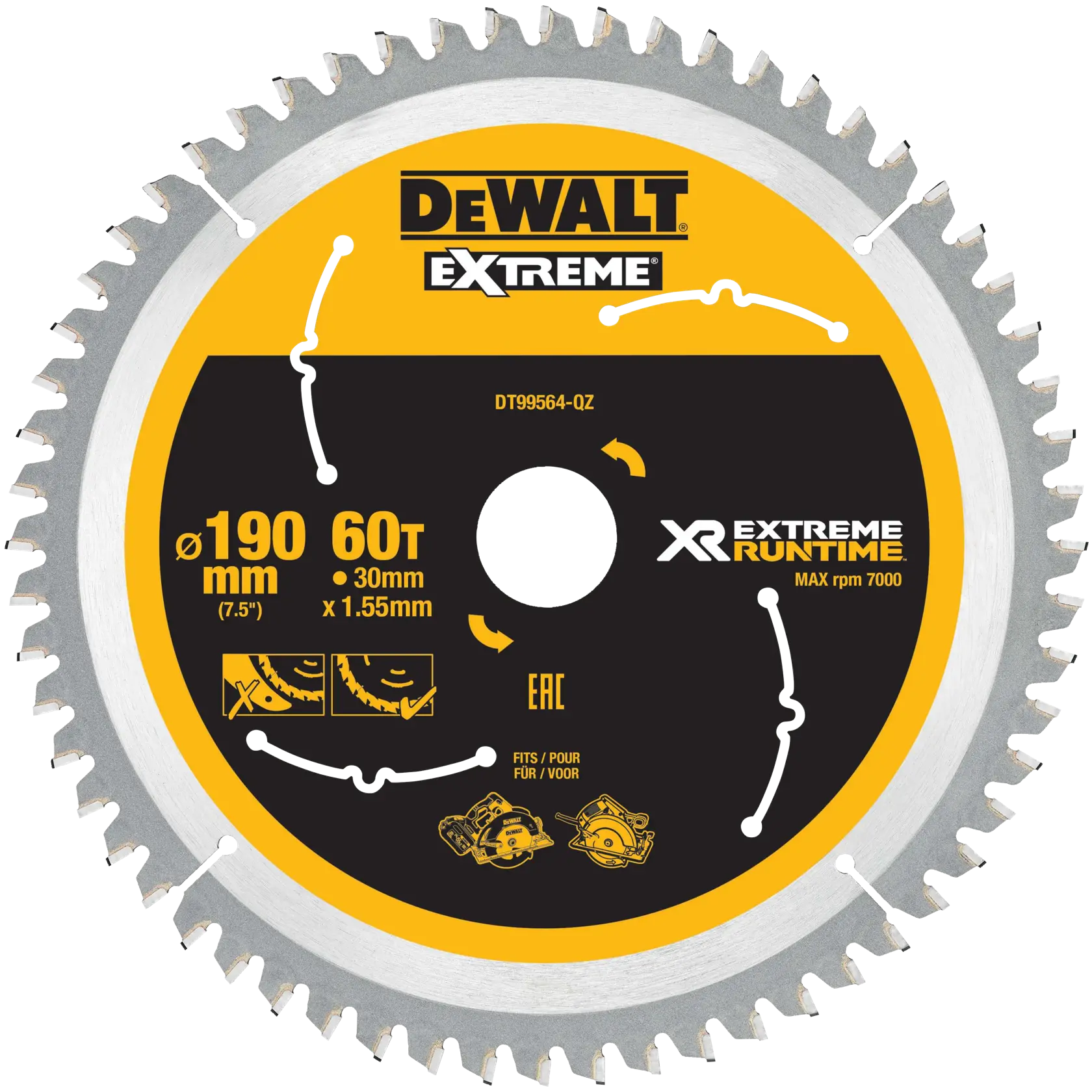 DEWALT DT99564 XR Extreme Runtime saw blade, 190 mm diameter, 60 teeth, for circular saws.