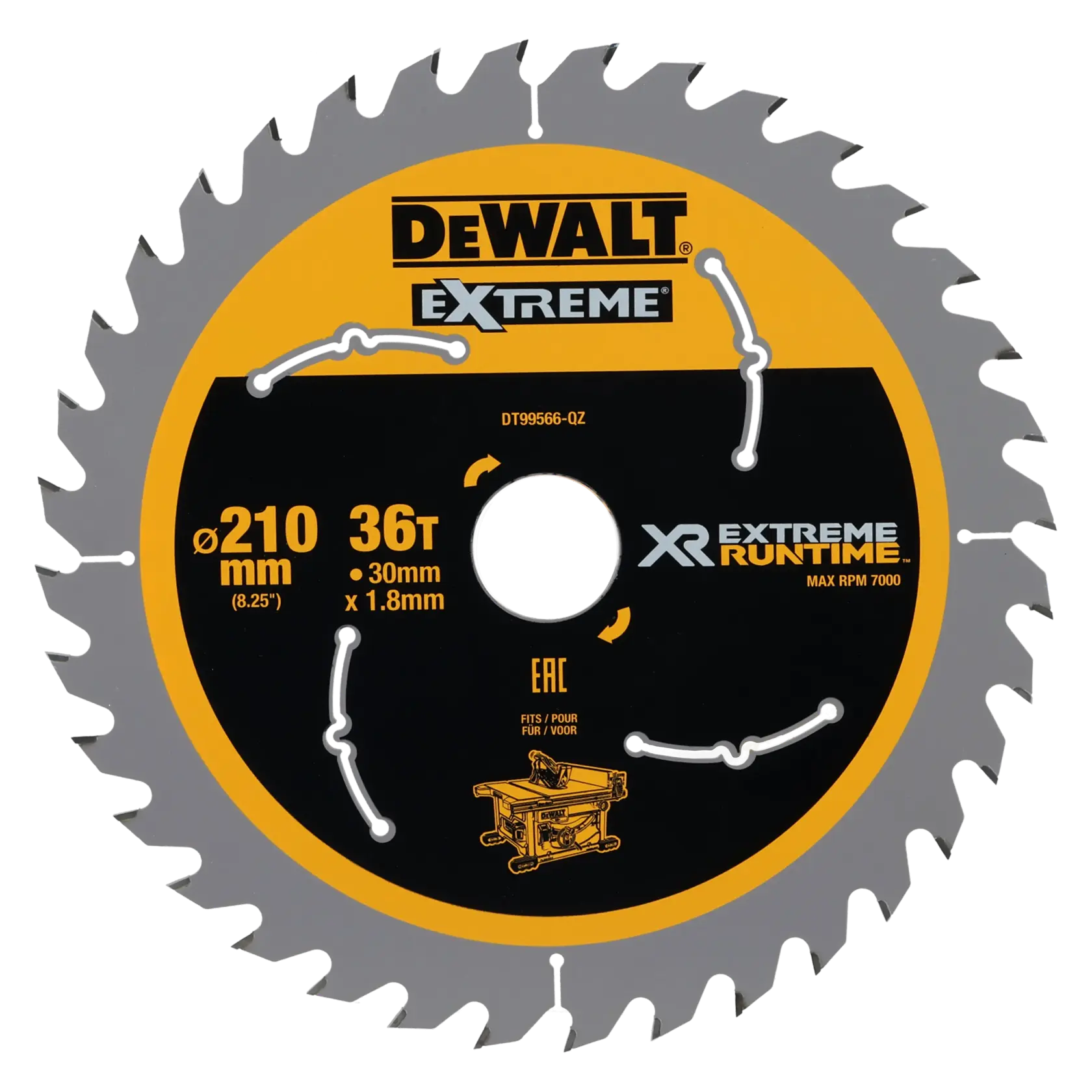 DEWALT Extreme Kreissägeblatt, 210 mm Durchmesser, 36 Zähne, 30 mm Aufnahme, geeignet für Tischsägen, gekennzeichnet mit XR Extreme Runtime, Modell DT99566.
