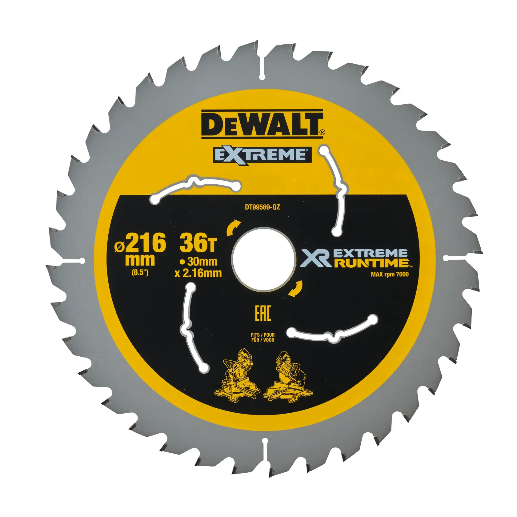 DEWALT DT99569 circular saw blade, 216mm, 36 teeth, for extreme runtime, suitable for woodworking tools.