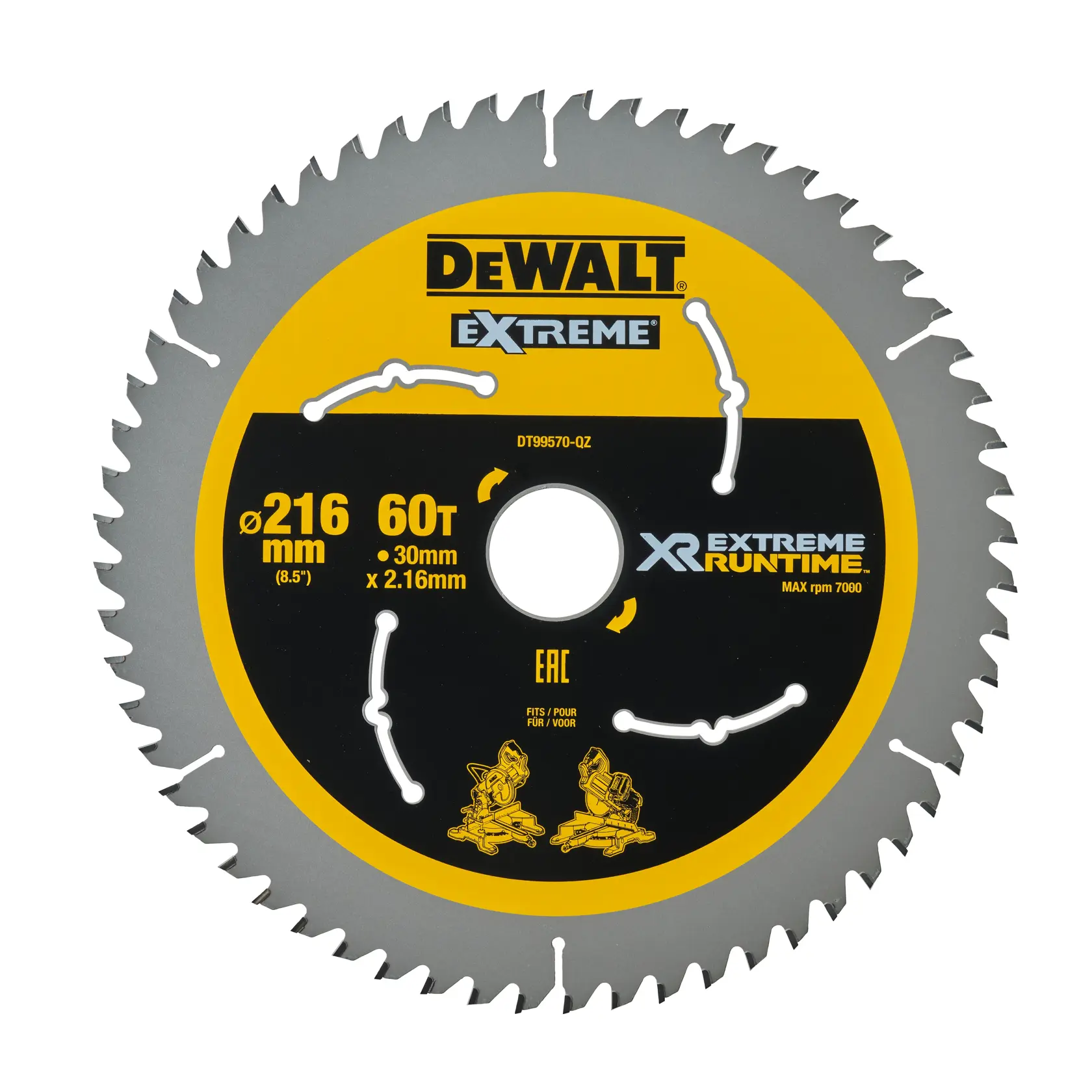 DEWALT Extreme XR saw blade, 216mm diameter, 60 teeth, for power tools, yellow and black design.