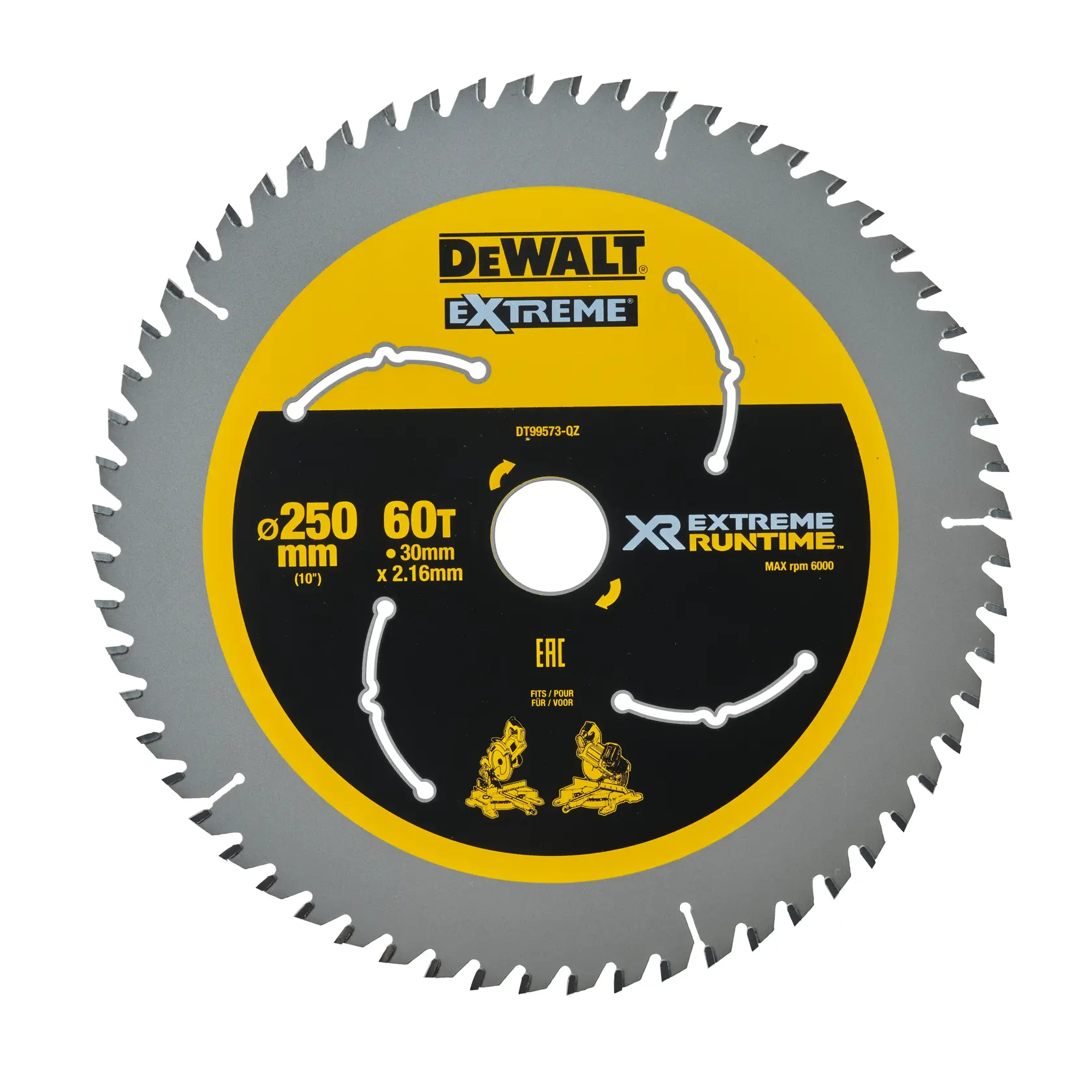 DEWALT DT99573 Extreme circular saw blade, 250mm diameter, 60 teeth, for woodworking, XR Extreme Runtime.