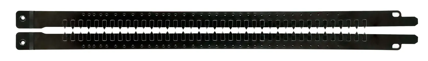 Two black DEWALT saw blade strips with teeth, positioned horizontally on a white background.