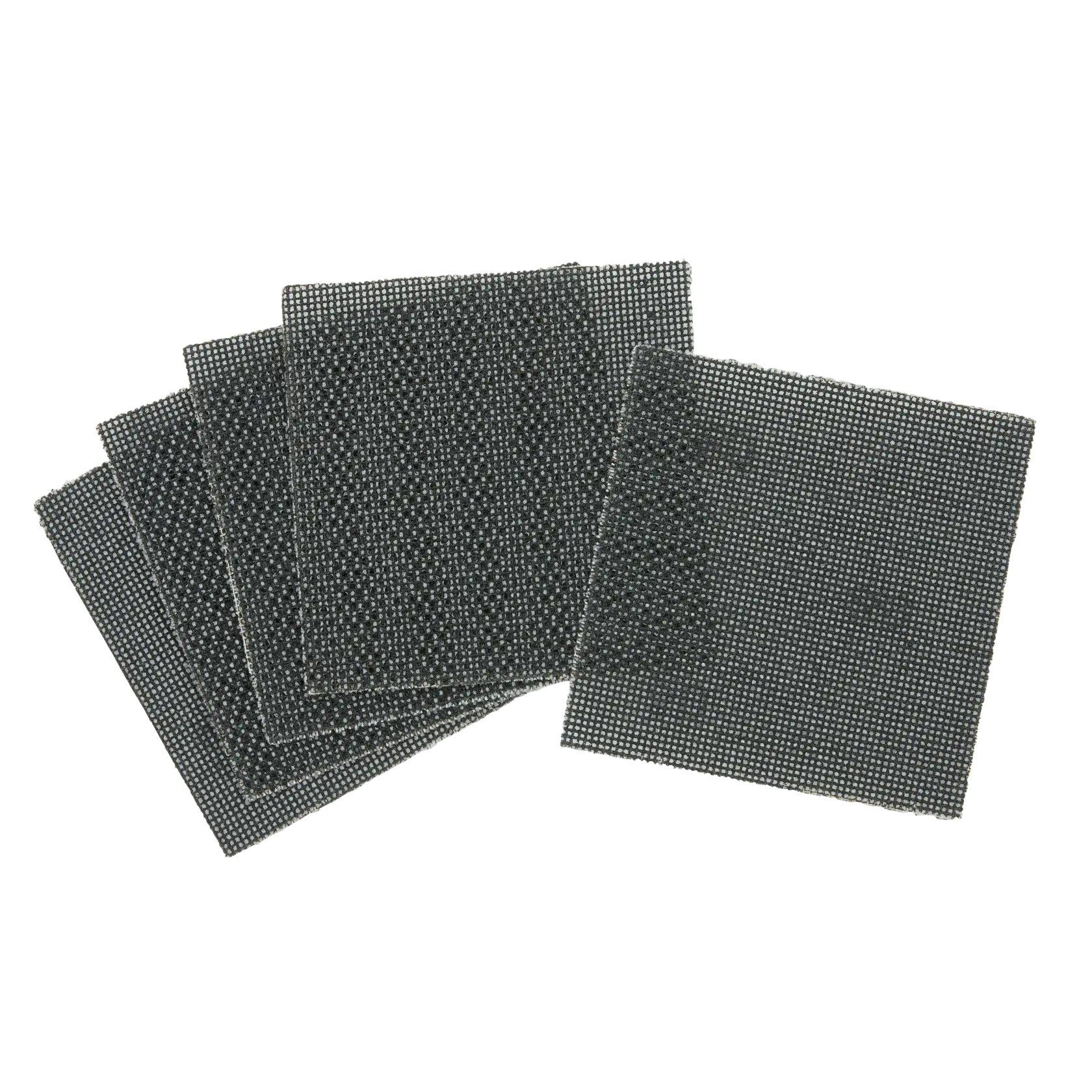 Set of DEWALT square mesh sanding sheets, dark color, displayed slightly overlapping on white background.