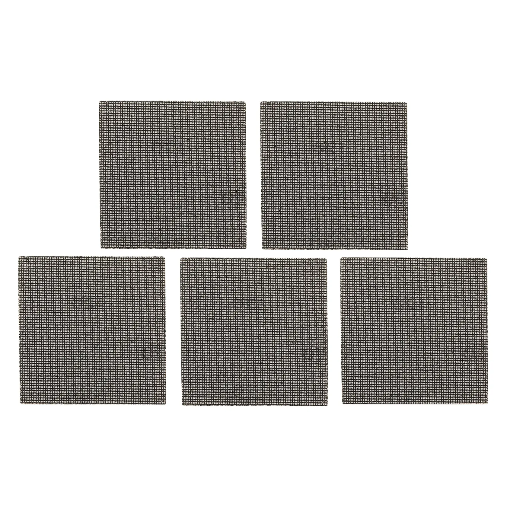 Set of five square mesh sanding sheets arranged in two rows on a white background.