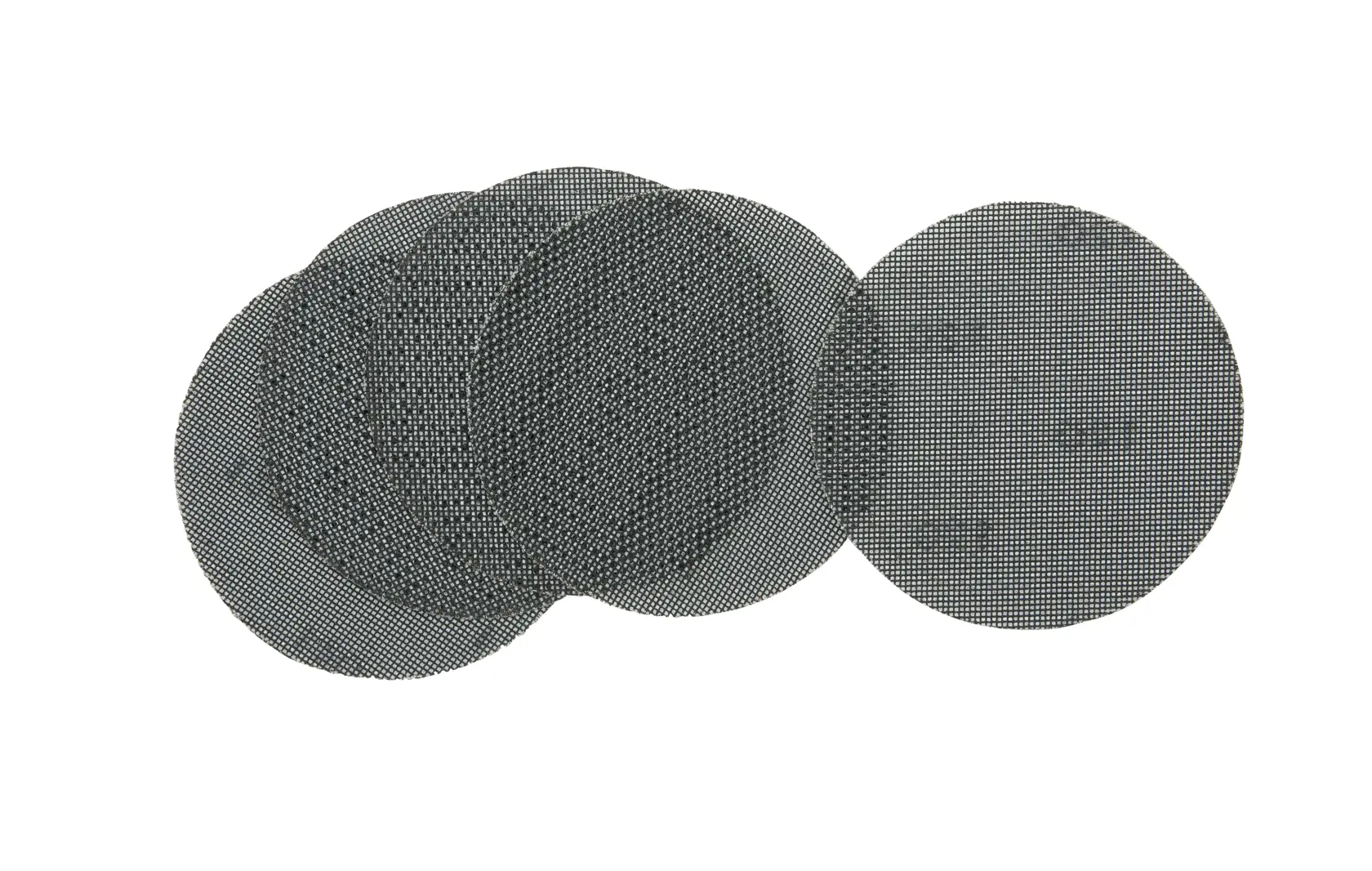Set of round DEWALT mesh sanding discs, stacked together, used for surface finishing.