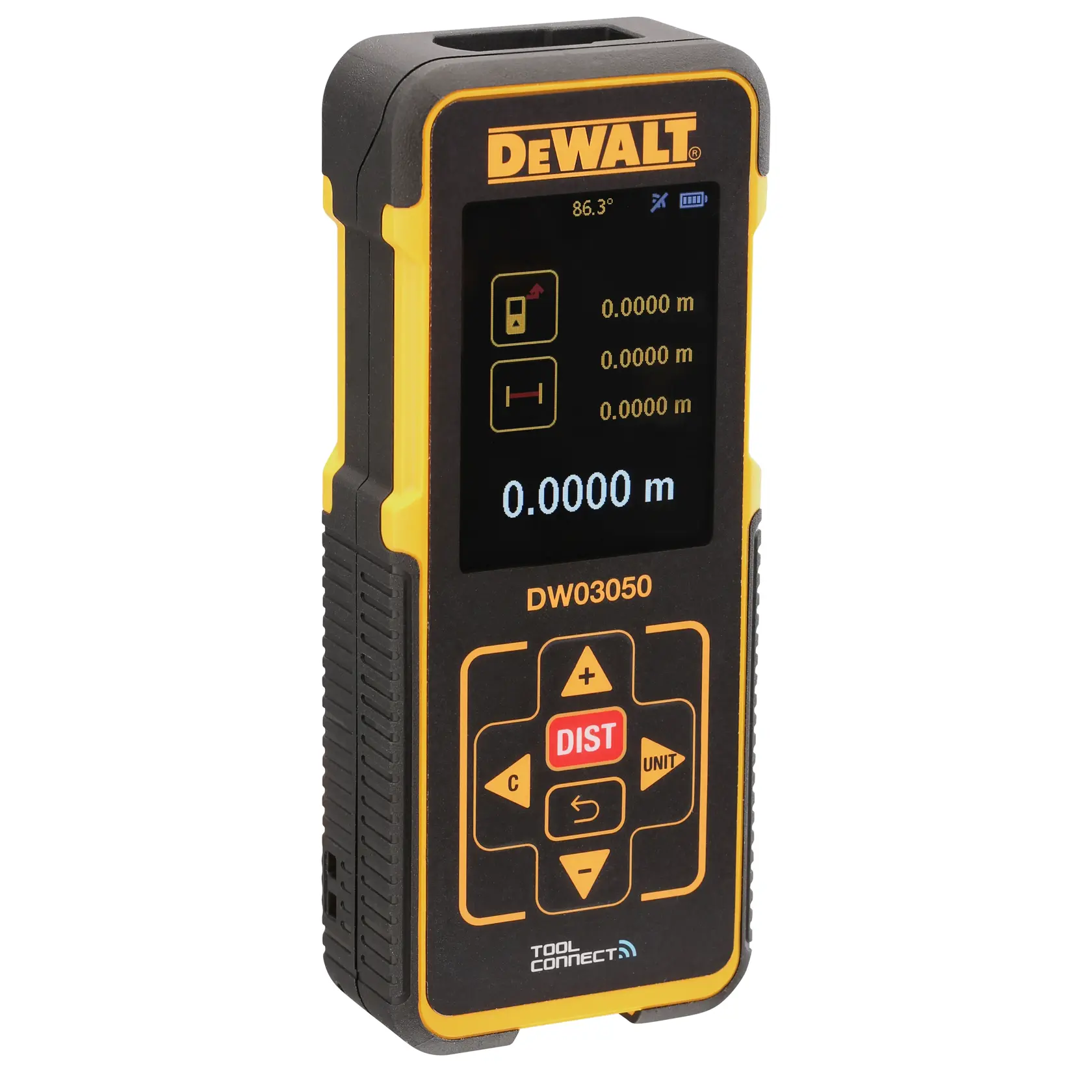 DEWALT DW03050 laser distance measurer with display and control buttons, shown upright on white background.