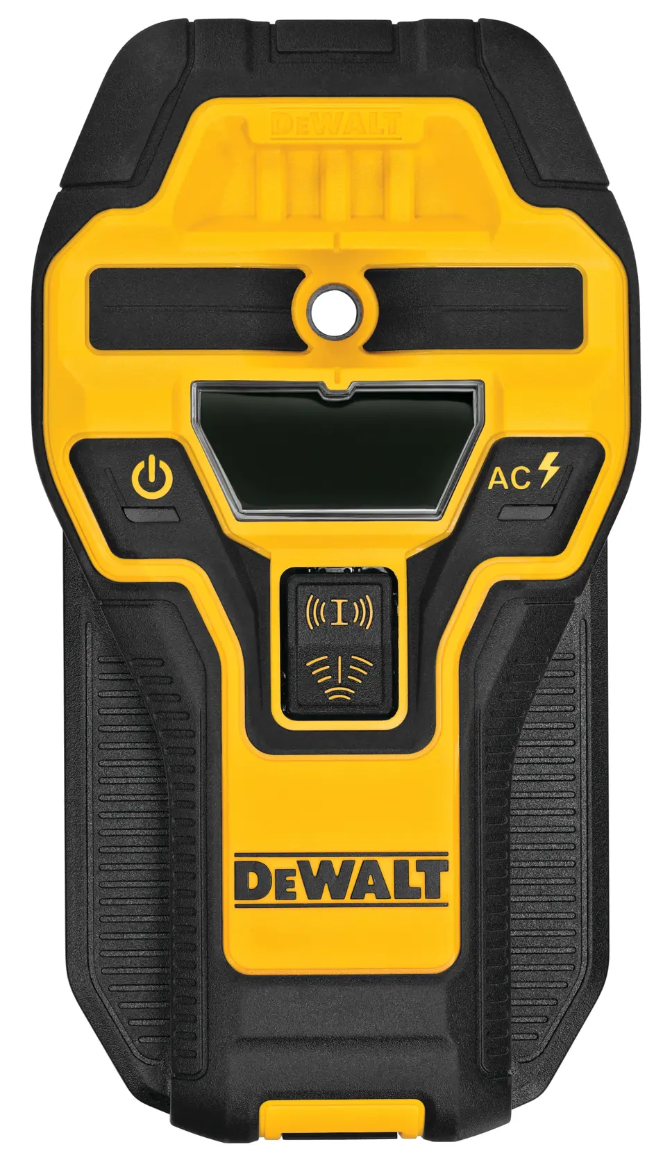 Front view of a DEWALT DW0350 electronic stud finder, featuring a yellow and black design with a display screen, power button, and DEWALT logo.