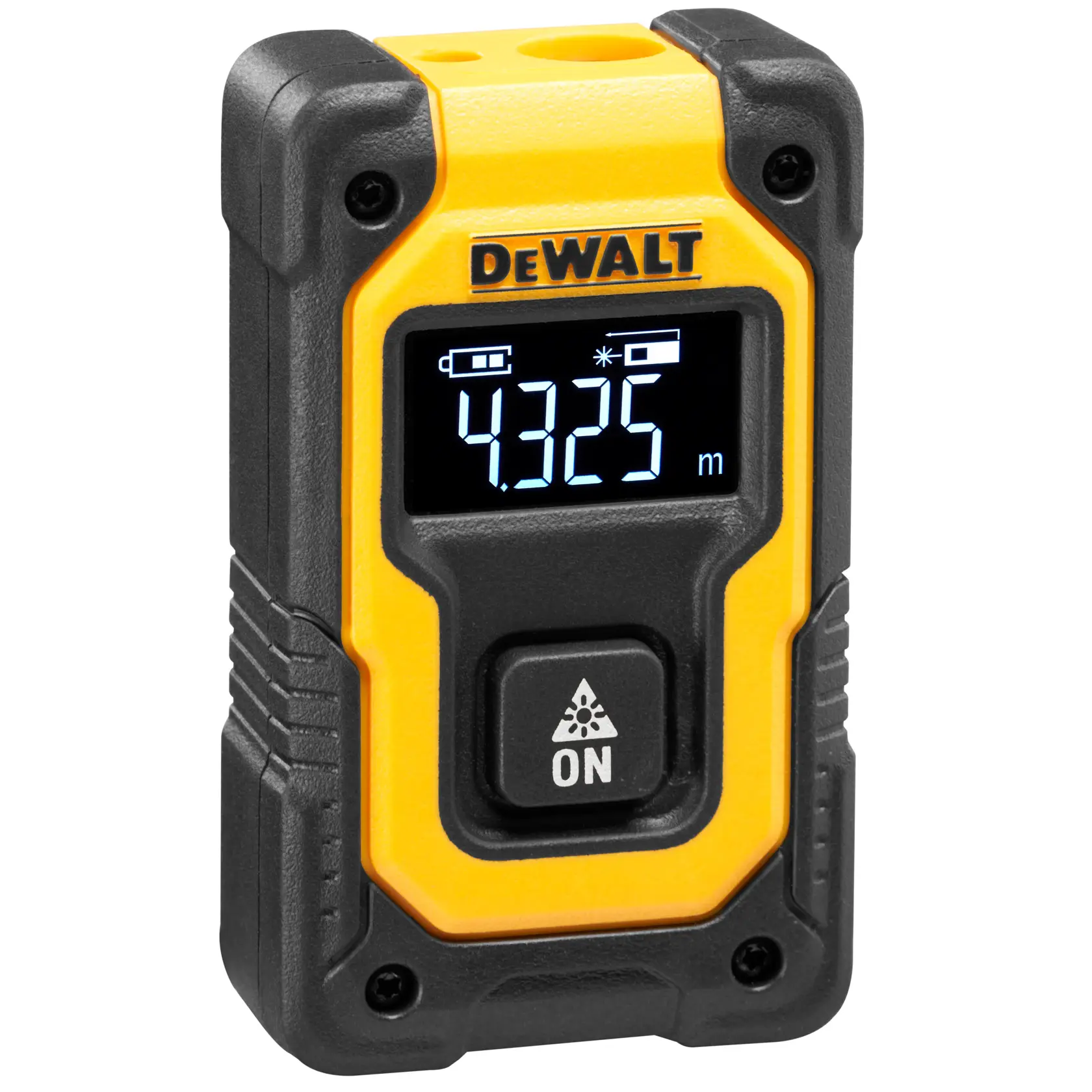 DEWALT laser distance measurer, DW055PL, DW055PL-XJ. Compact yellow device with digital display for photography.