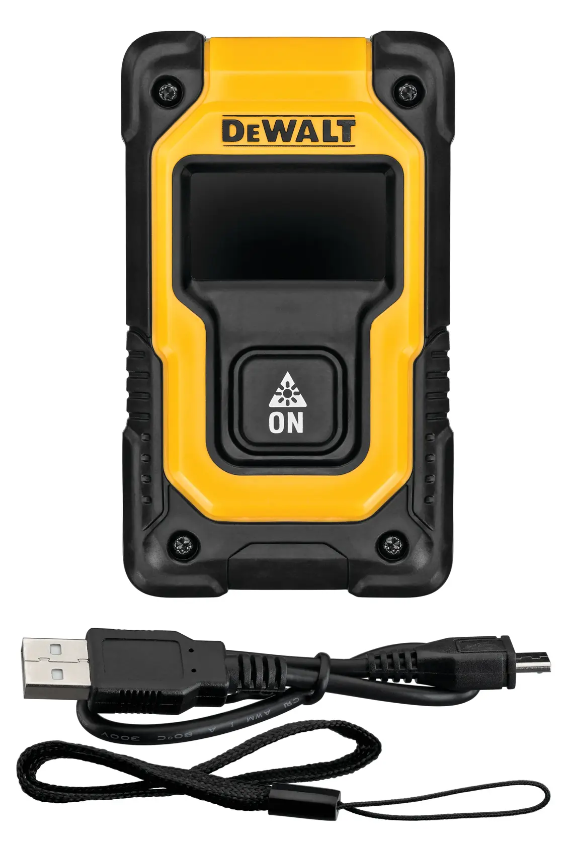 Un télémètre laser compact DEWALT DW055PL en jaune et noir, présenté avec un câble de charge USB et une dragonne.