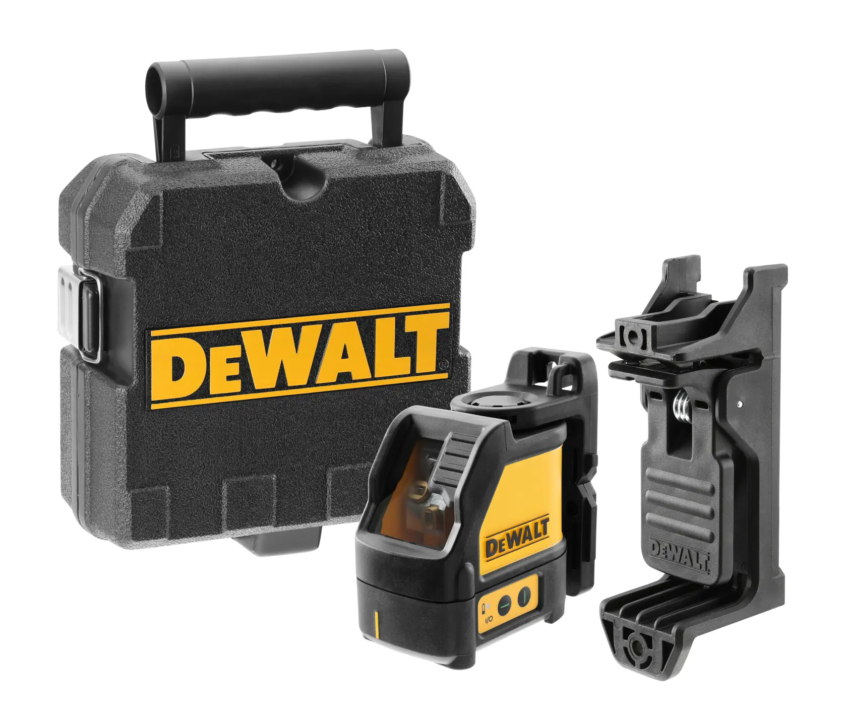 A DEWALT branded green cross line laser level kit, including a sturdy black carrying case, the laser level device, and a mounting bracket.