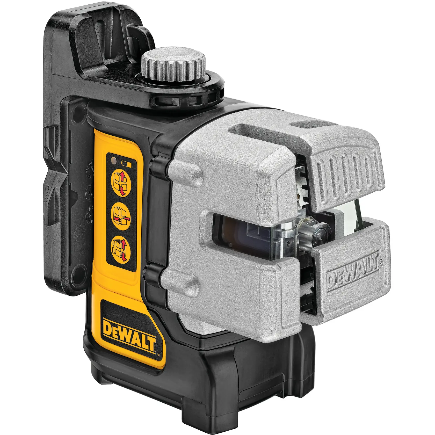 Un niveau laser à trois faisceaux DEWALT DW089K avec une coque robuste noire et jaune, un boîtier de protection argenté et des boutons de contrôle sur le côté.