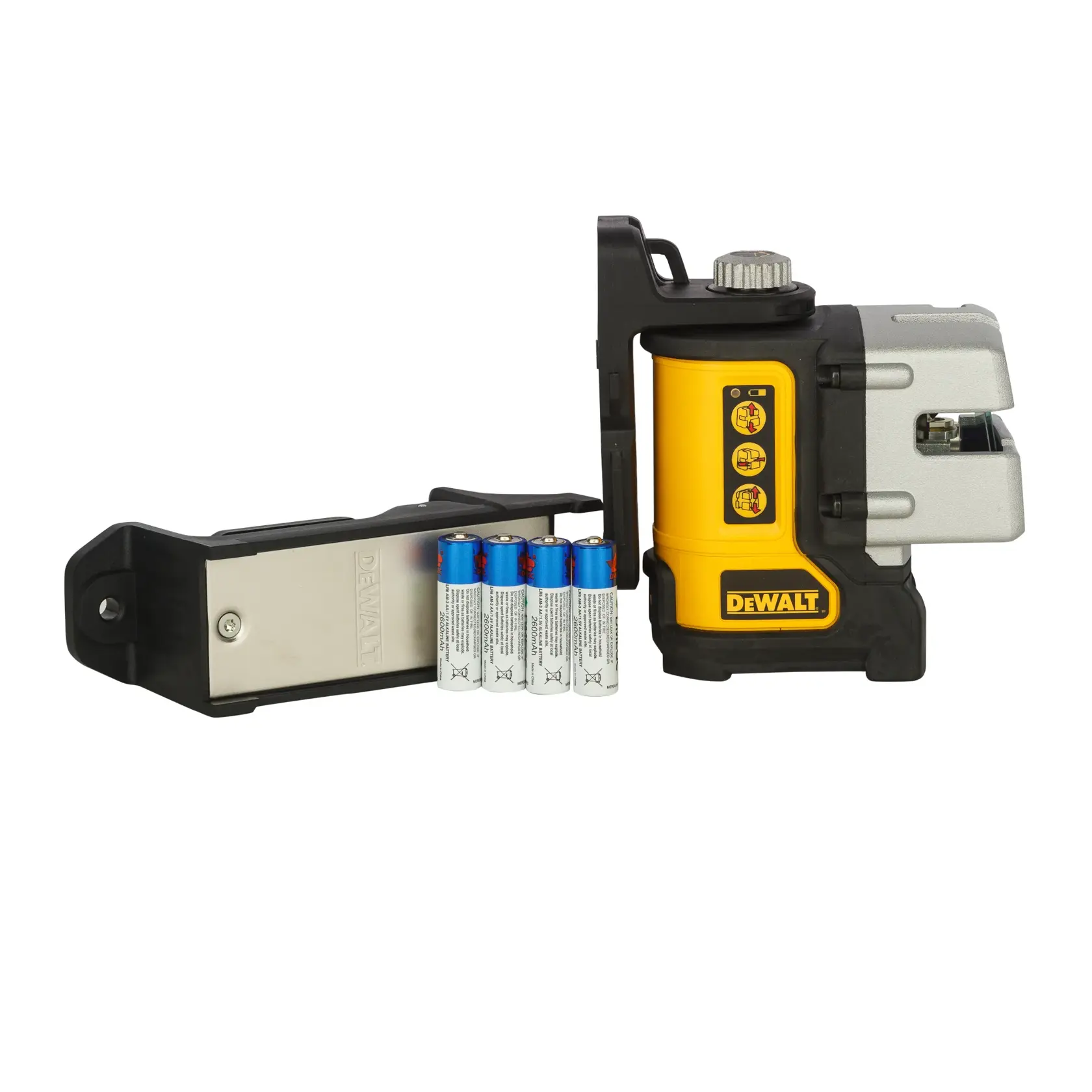 Niveau laser DEWALT DW089K avec piles et support, présenté sur fond blanc.