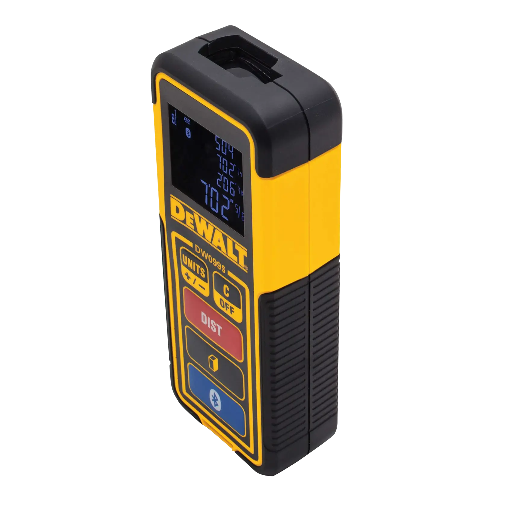 A DEWALT DW099S laser distance measurer with yellow and black casing, featuring a digital display and several control buttons on its front.