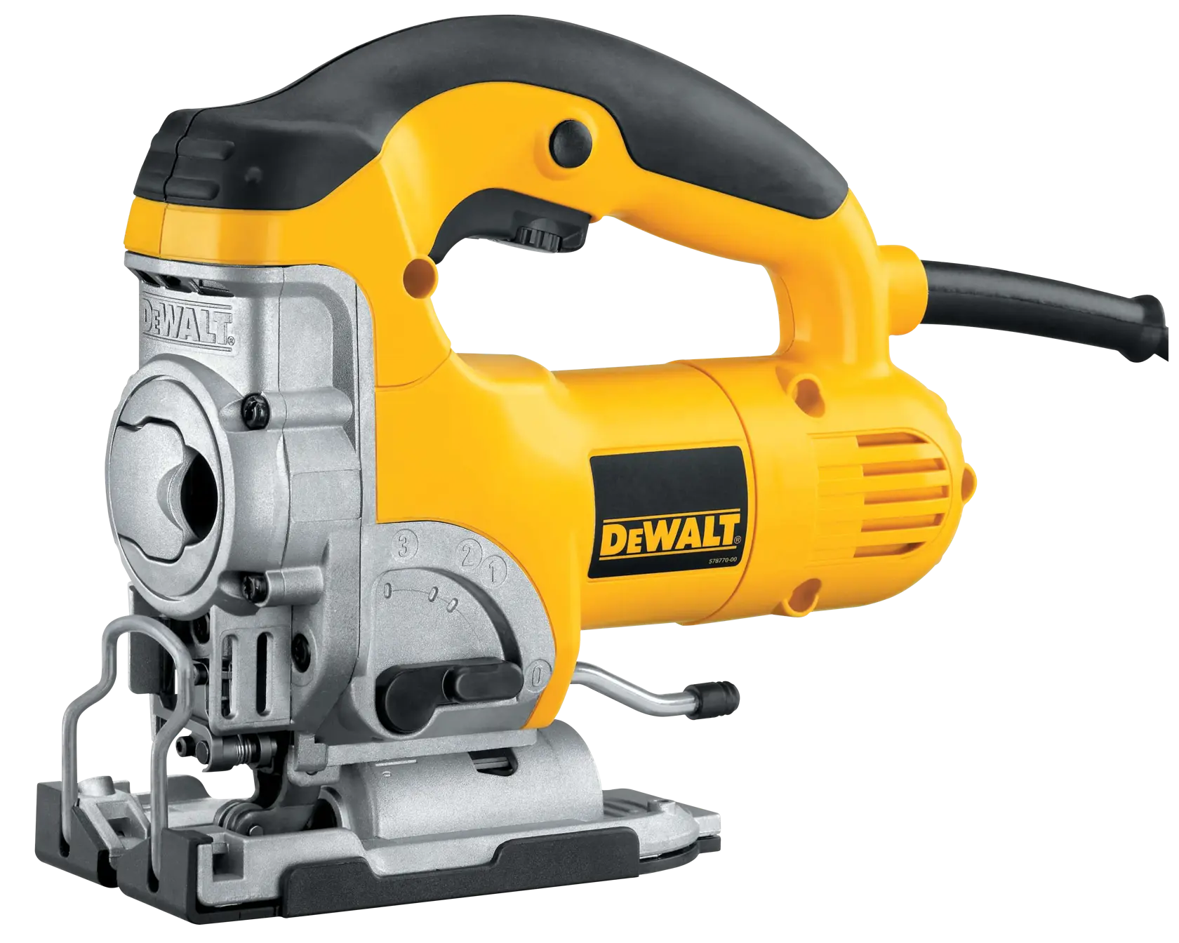 Yellow DEWALT DW331K jigsaw power tool with black handle and cord, shown on a white background.
