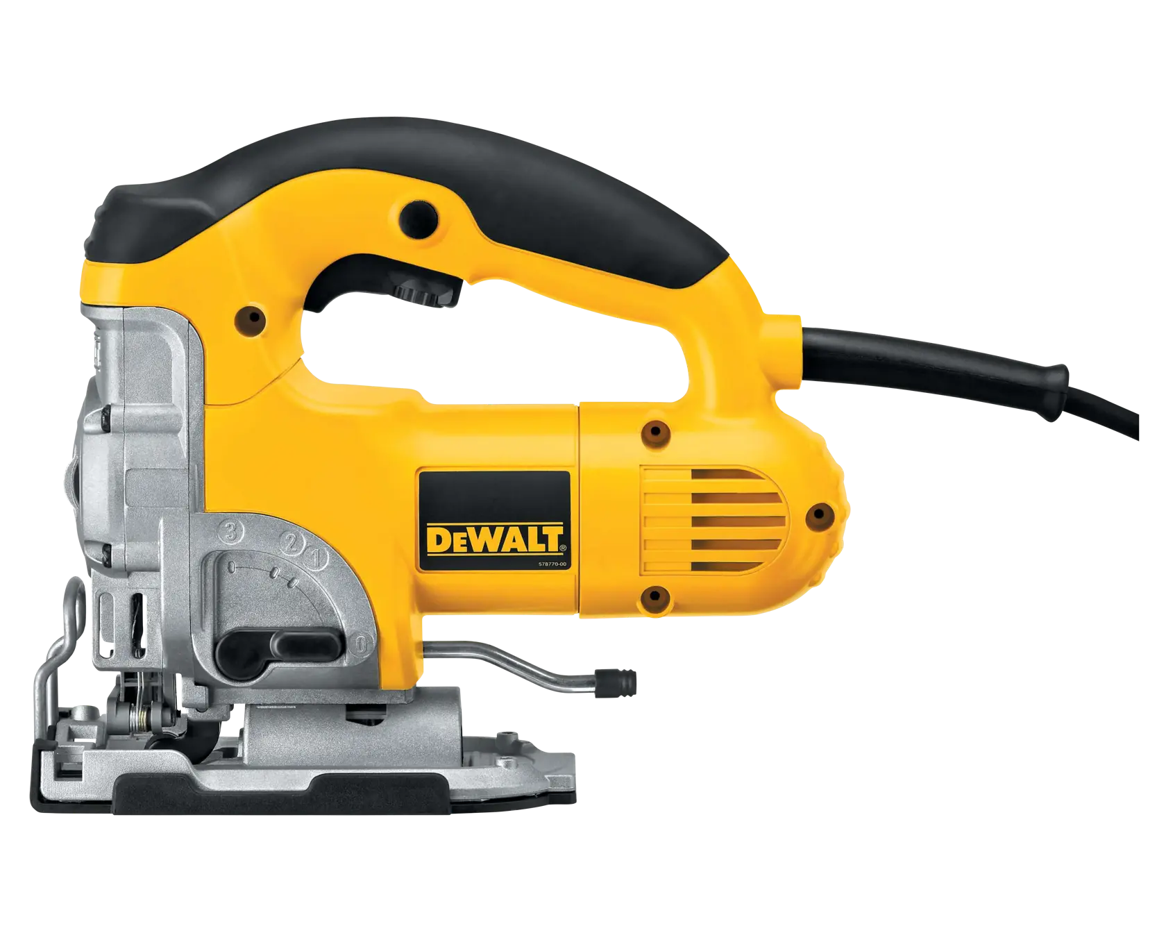 Person cutting wood with a yellow DEWALT jigsaw.