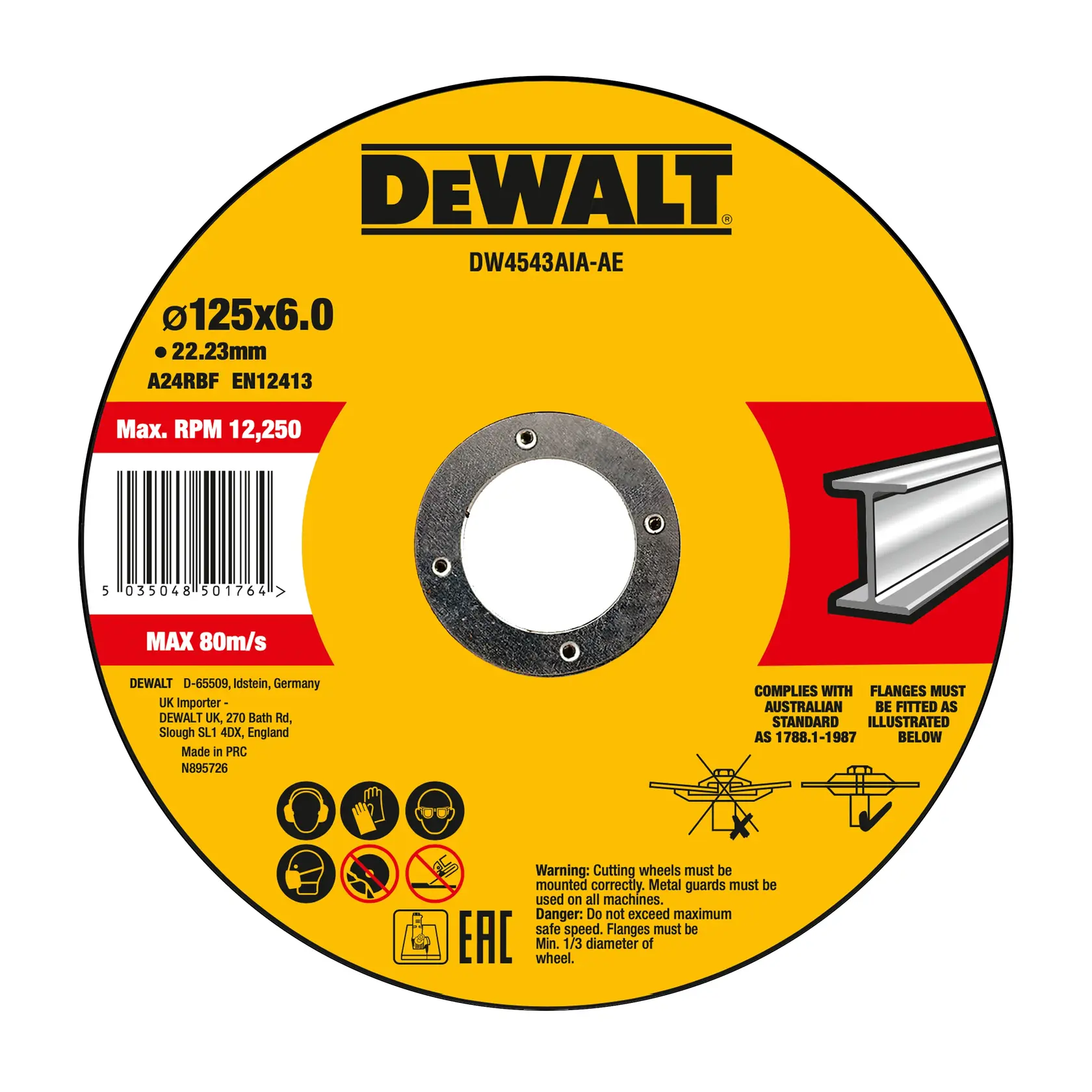 Photo of DEWALT cutting wheel DW4543AIA, DW4543AIA-AE, yellow label, max RPM 12,250, specs visible, white background.