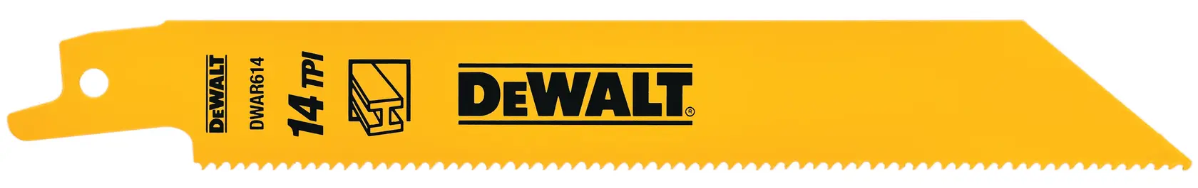Photo of DEWALT reciprocating saw blade, yellow, 14 TPI, SKUs DW4808B, DW4808B25 on white background.