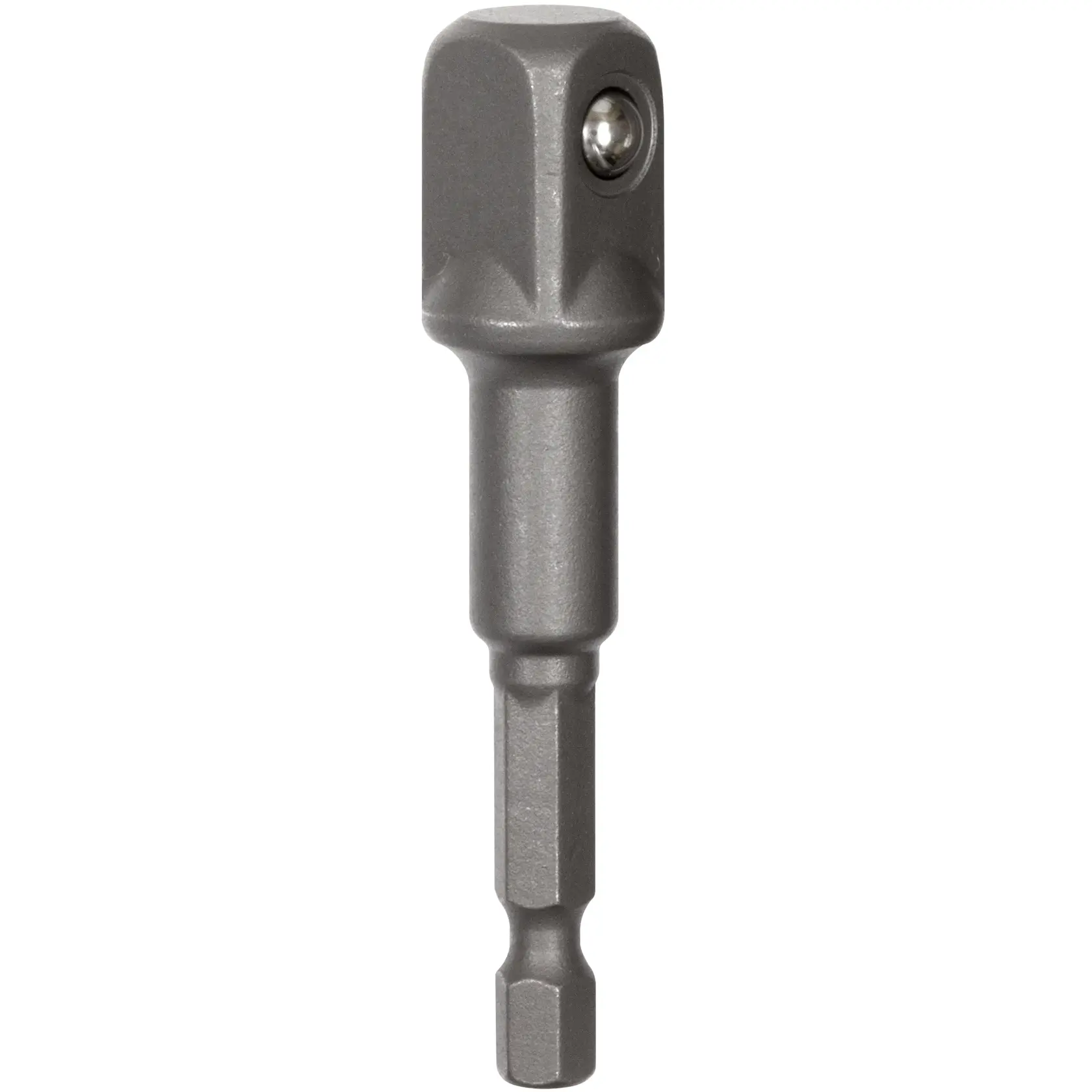 Metal hex adapter for drill or screwdriver, shown upright on white background.