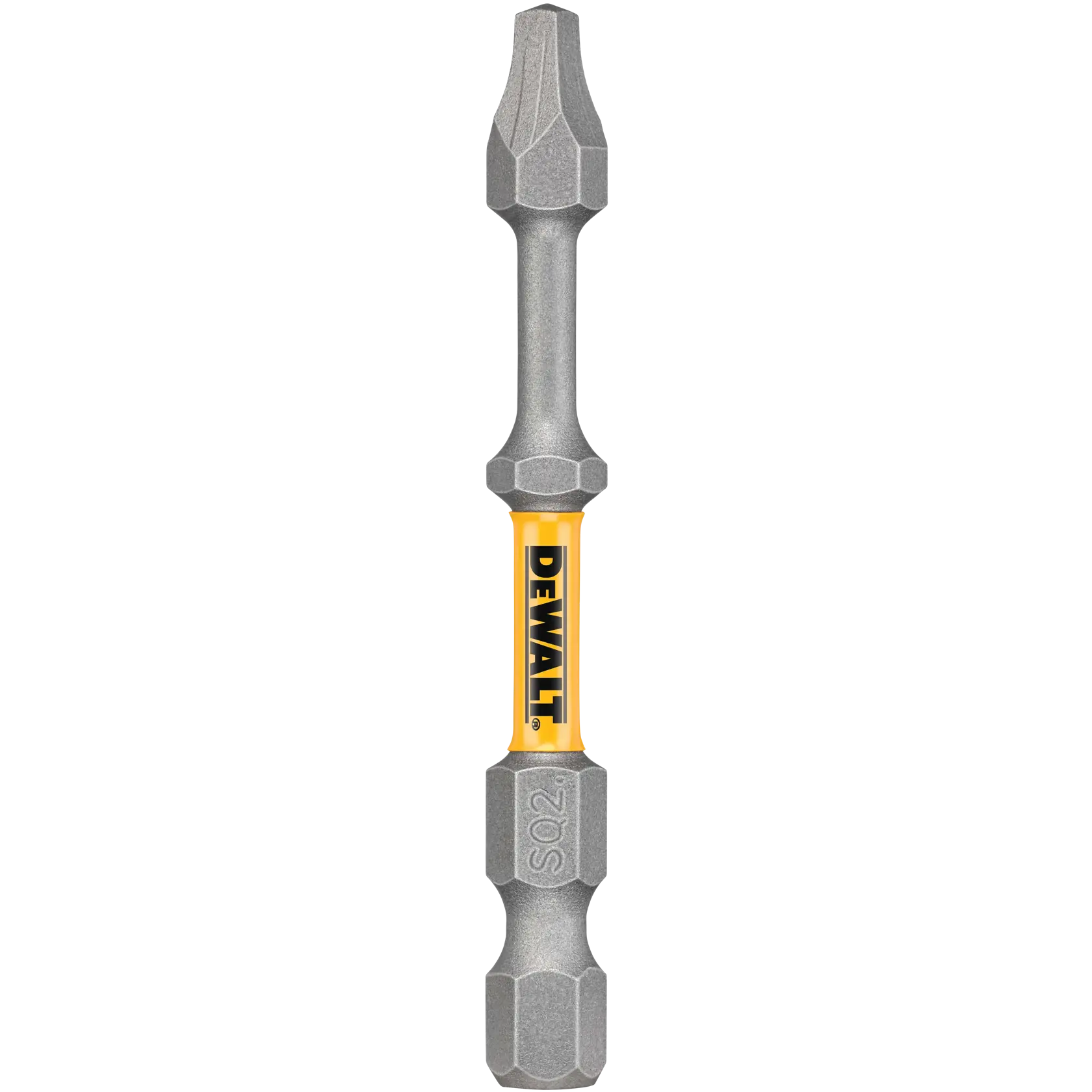 A DEWALT branded double-ended screwdriver bit, featuring a yellow and black central section and gray metal ends, suitable for use with power tools.