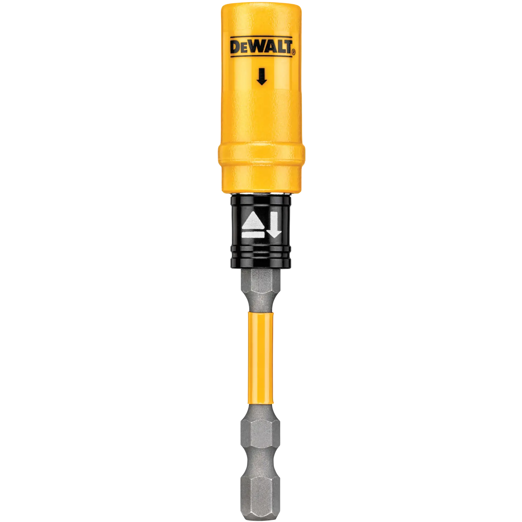 A DEWALT branded yellow and black magnetic bit holder, designed for use with power tools, featuring a hex shank and labeled with directional arrows.
