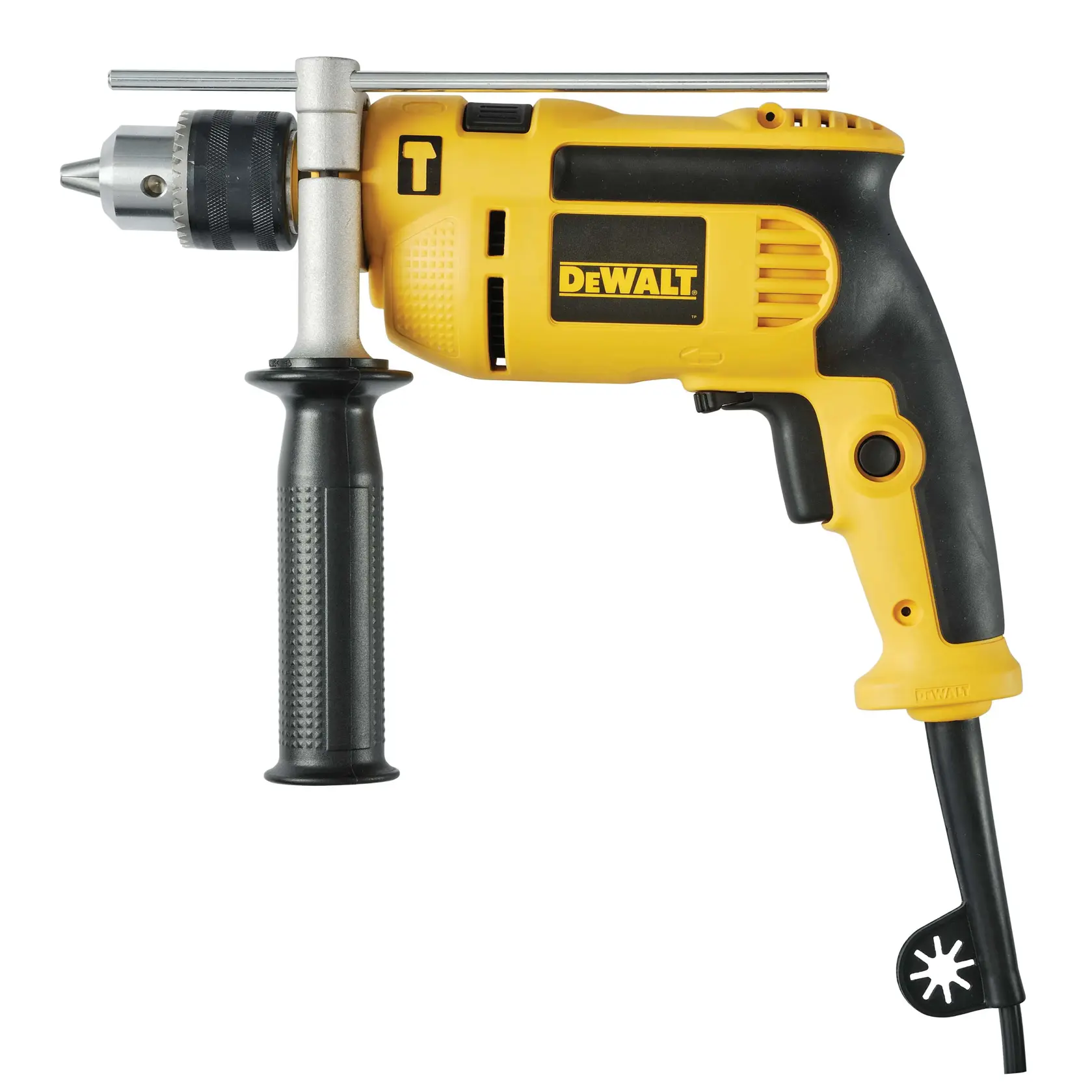 DEWALT yellow corded drill with side handle and depth rod, suitable for professional or DIY use.