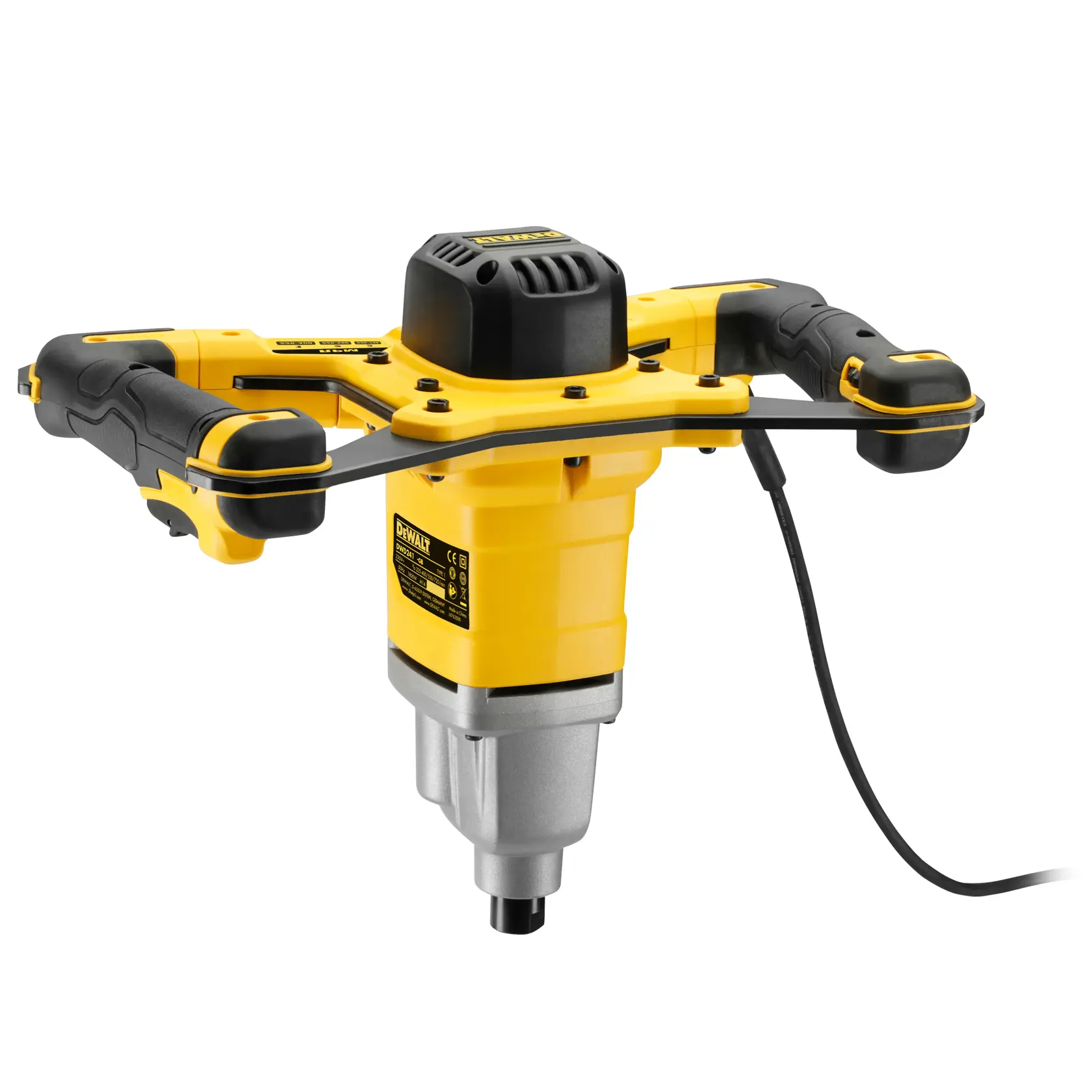DEWALT DWD241 yellow corded mixing drill with dual side handles, shown on a white background.