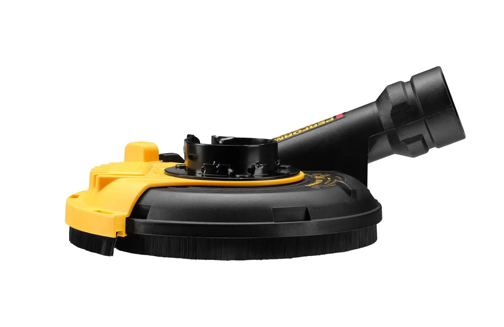Nahaufnahme von behandschuhte Händen, die ein gelbes DEWALT Elektrowerkzeug bedienen, um eine Betonoberfläche zu schleifen und zu glätten.