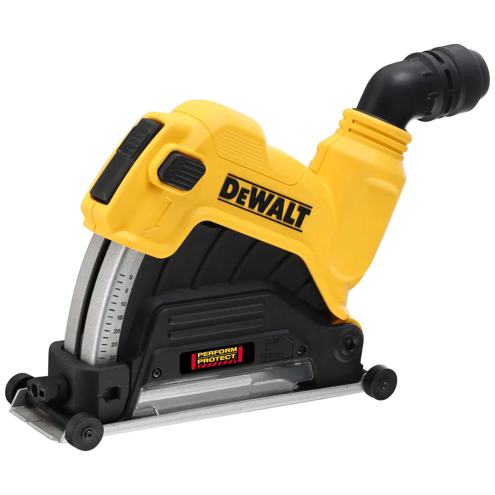 A DEWALT branded power tool, specifically a dust shroud for an angle grinder, with a yellow and black design and labeled 'Perform Protect'.