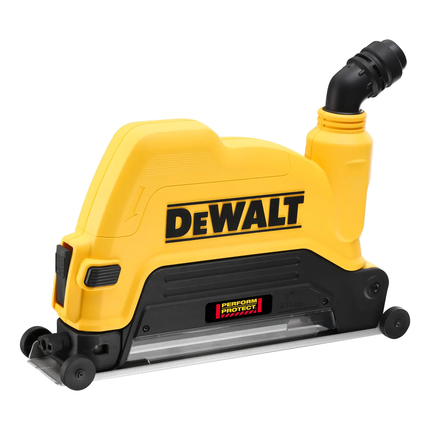 DEWALT yellow dust shroud for photography, with black Perform Protect label and angled outlet attachment.