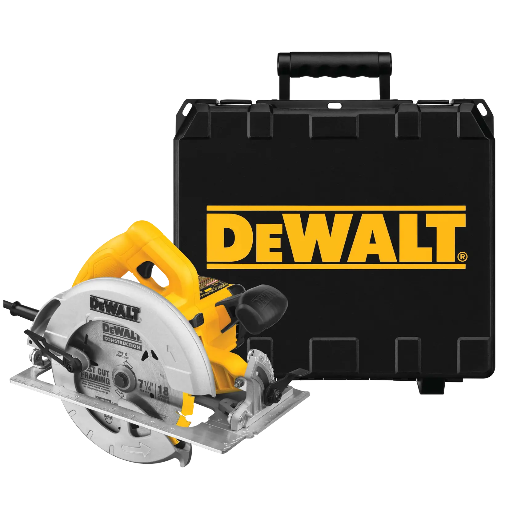 DEWALT circular saw with carrying case shown. Power tool is yellow and silver, case is black with DEWALT logo.