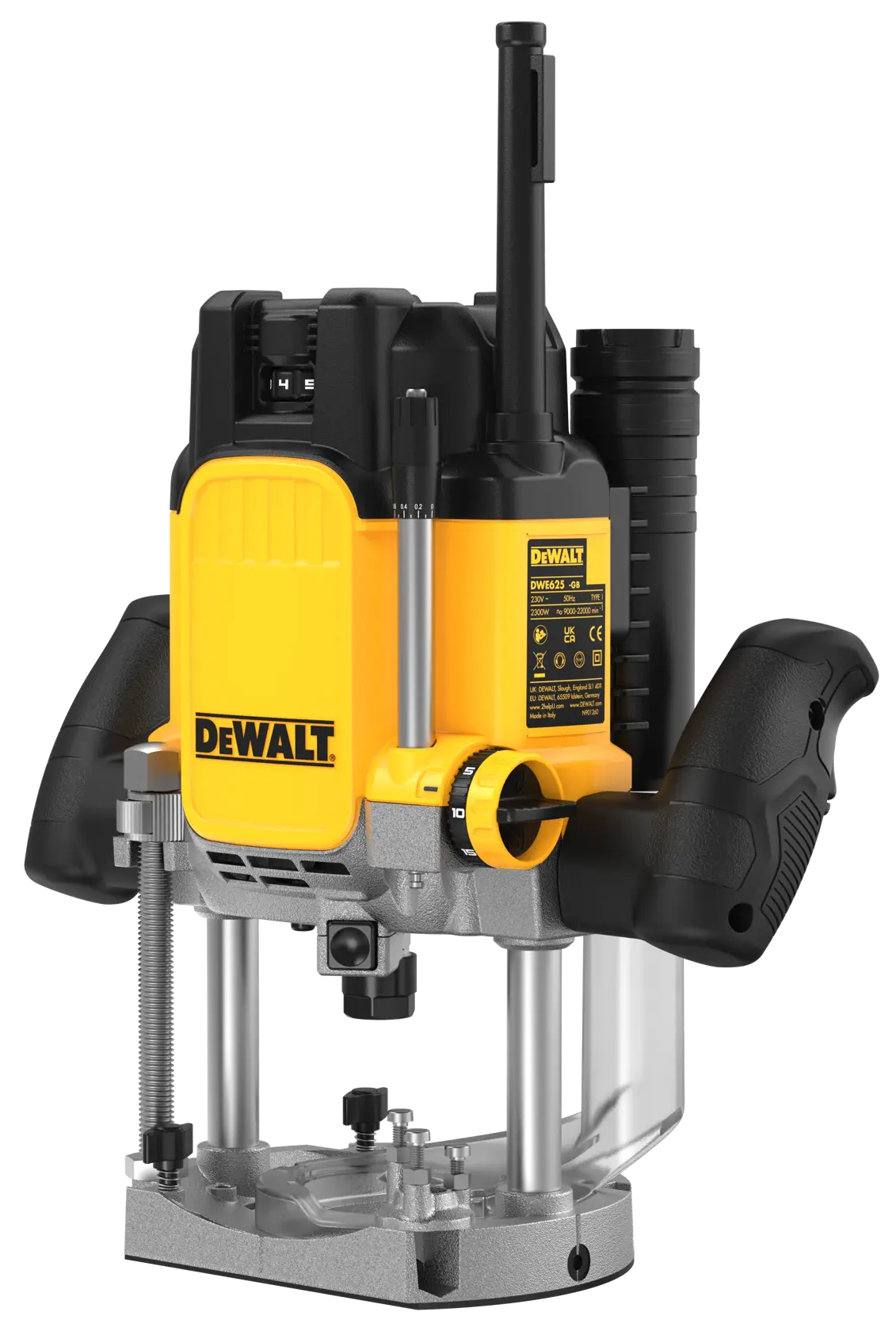 DEWALT DWE625KT plunge router for woodworking, yellow and black, with ergonomic handles and precision base.