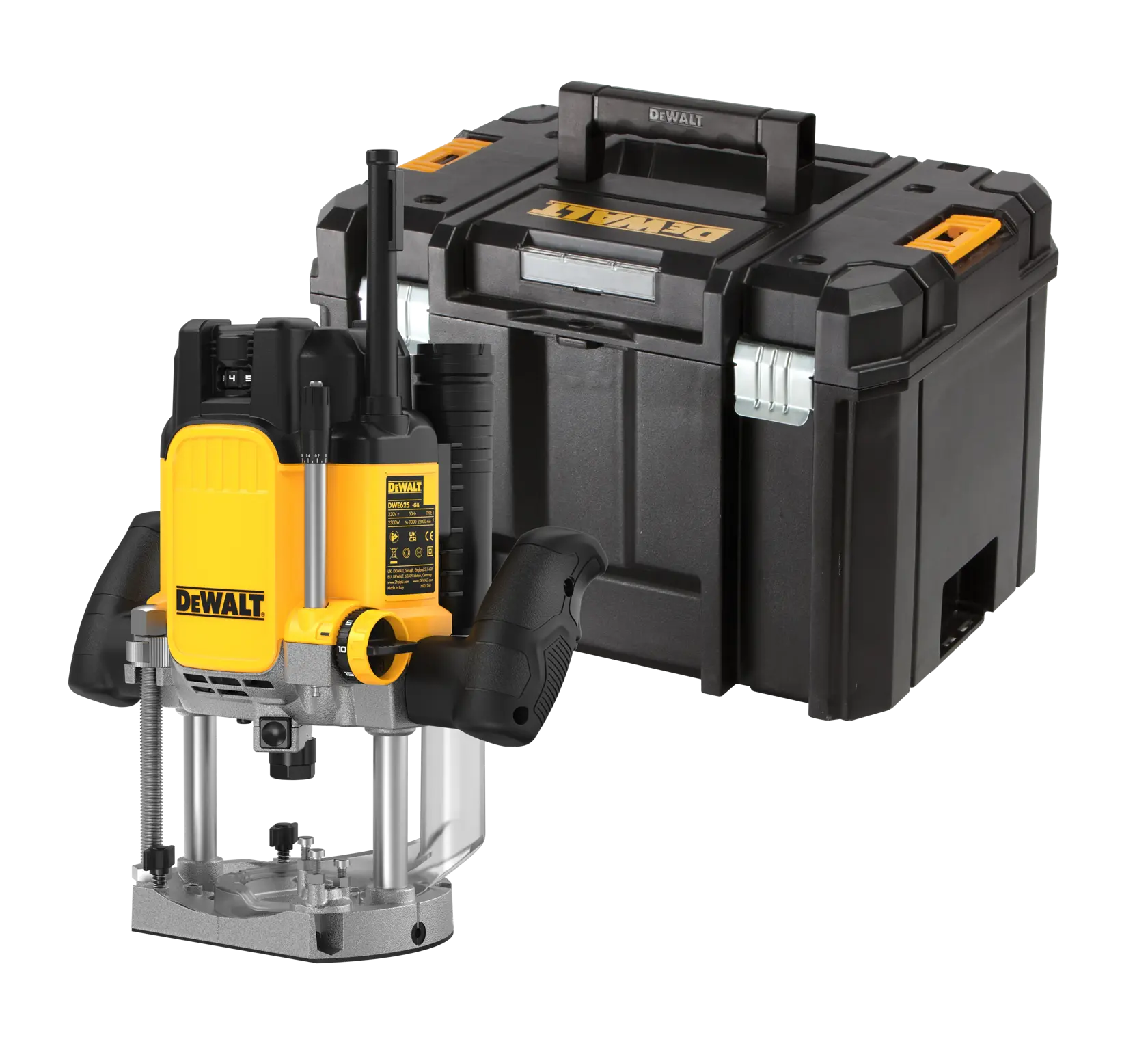 DEWALT plunge router and black storage case, shown together on a white background.