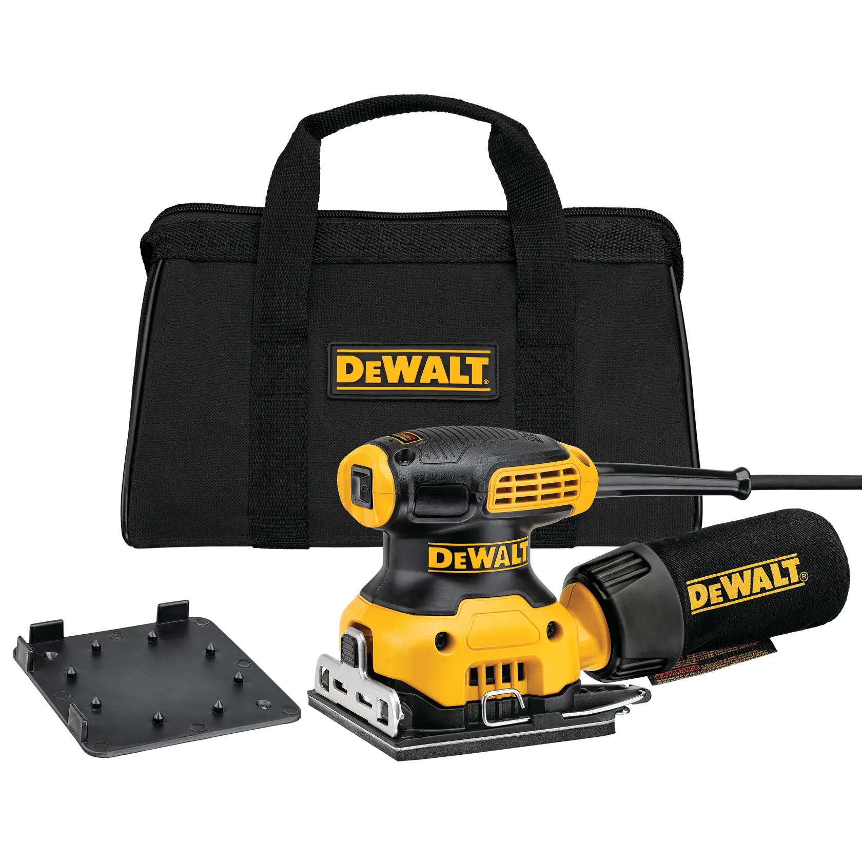 DEWALT electric sander kit with a yellow and black sander, dust bag, additional sanding pad, and a black carrying case with the DEWALT logo.