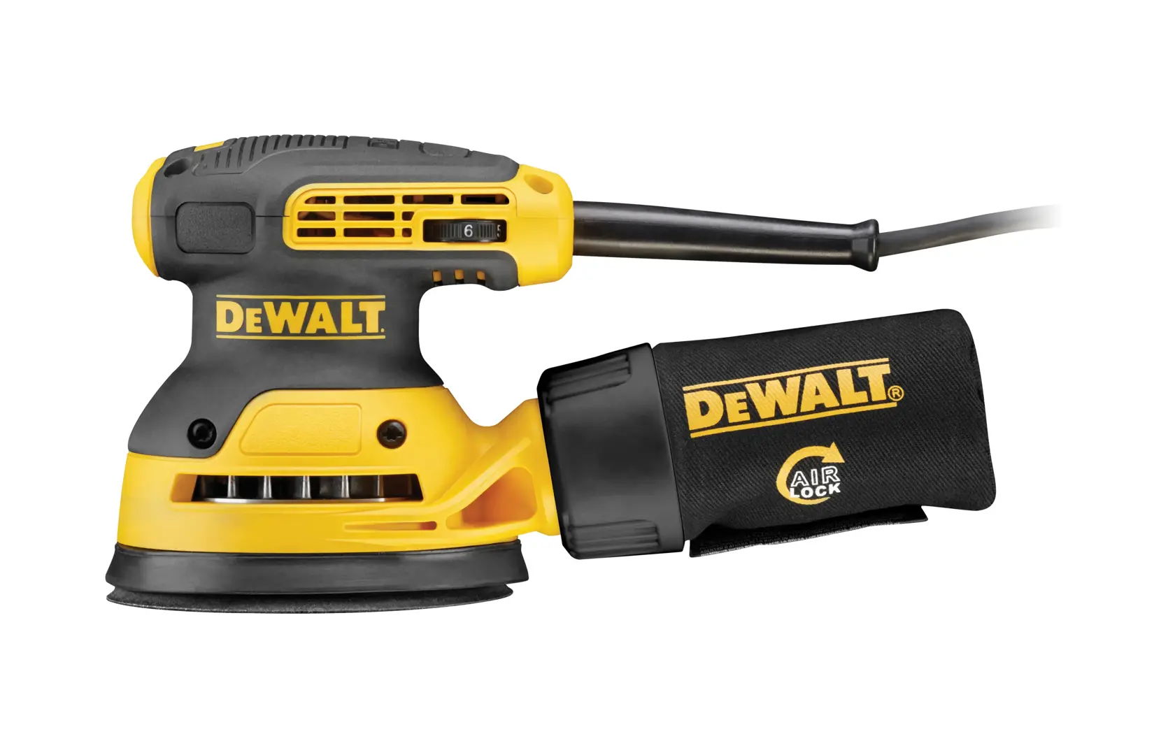 DEWALT DWE6423 yellow and black electric random orbital sander with dust collection bag attached, photographed on a plain white background.