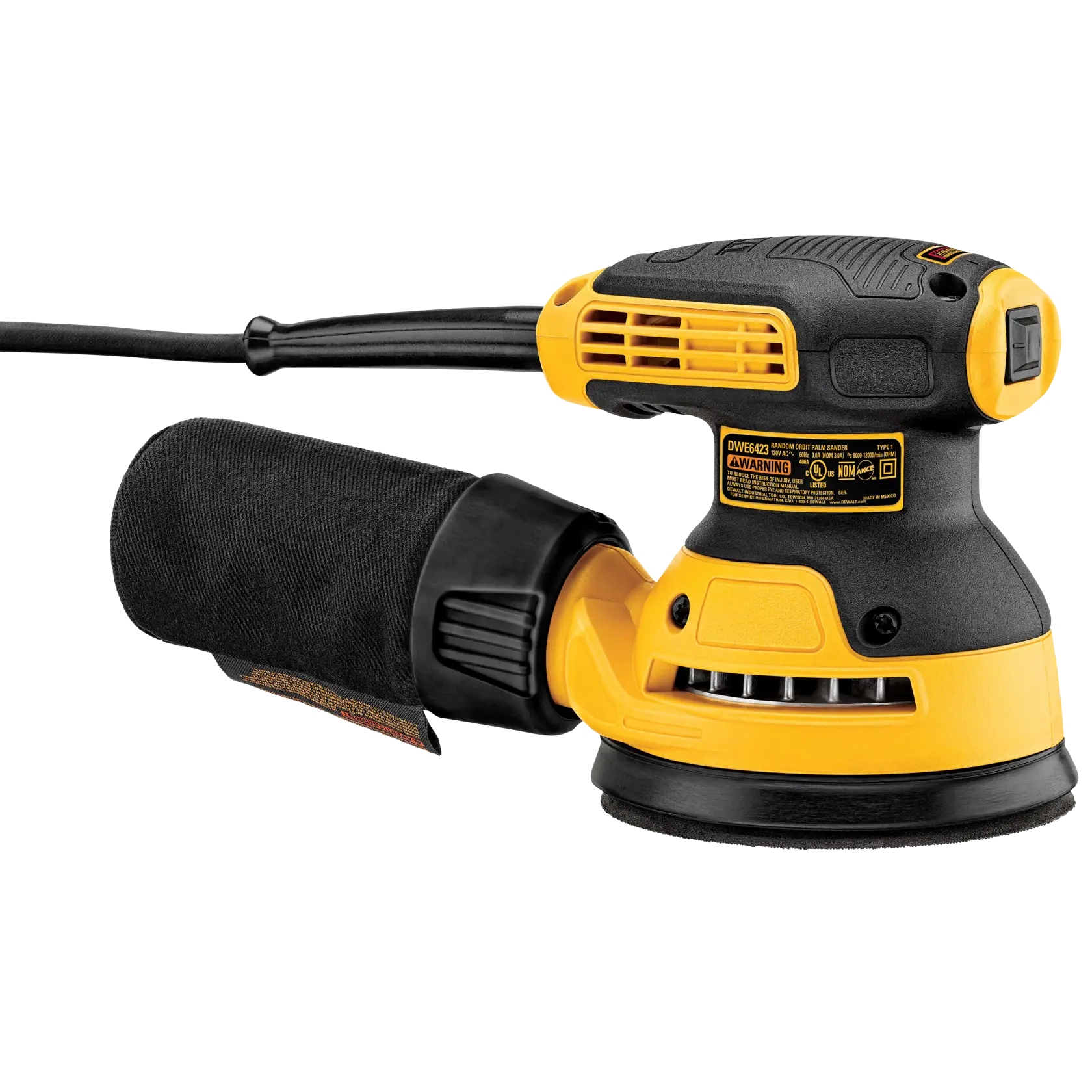 A DEWALT DWE6423 variable speed random orbit sander, featuring a yellow and black design with a dust bag attached.