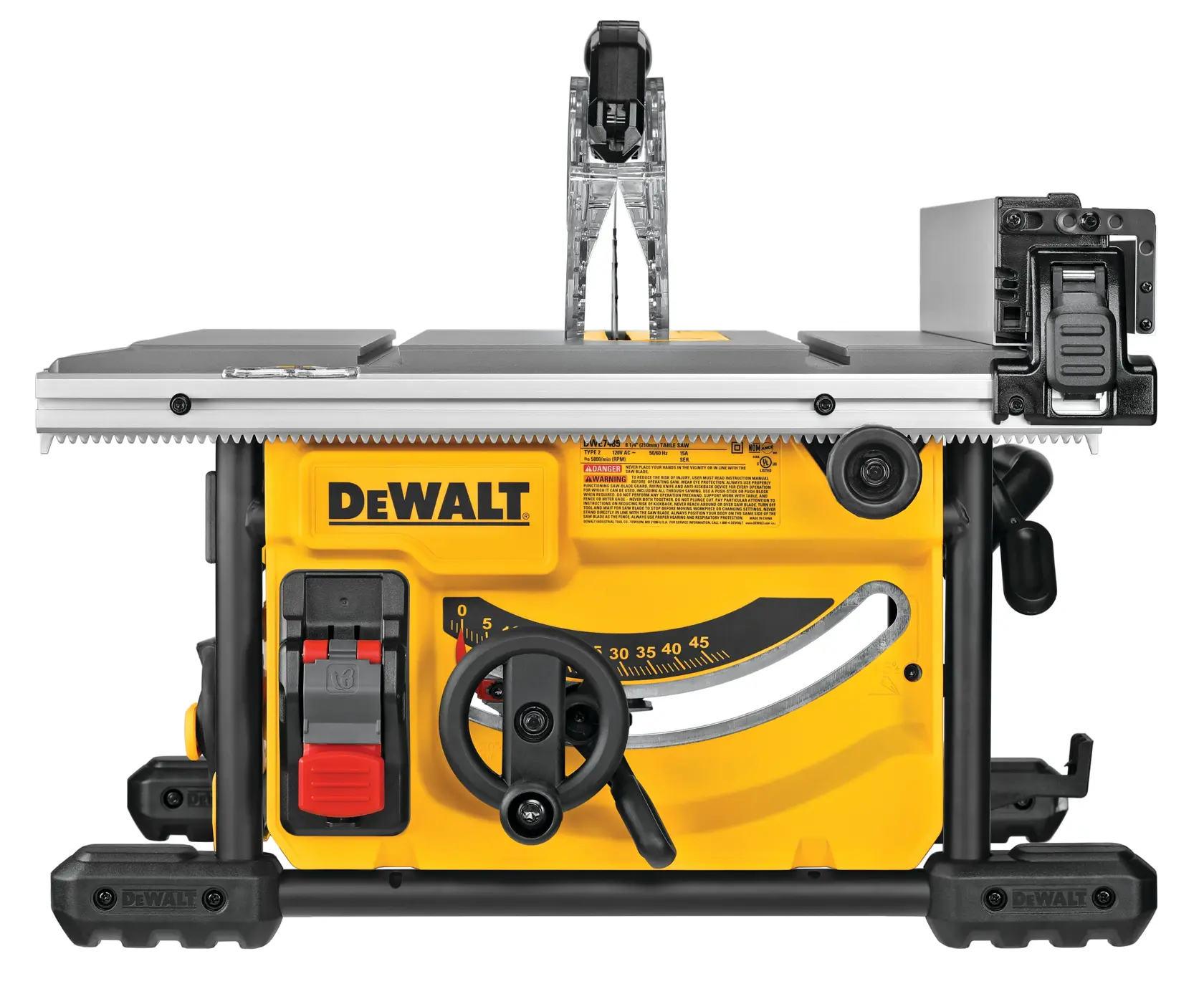 Front view of a DEWALT table saw, model DWE7485WS, featuring a yellow base, adjustment knobs, an on/off switch, and a silver cutting top with guard. The brand logo is visible on the front.