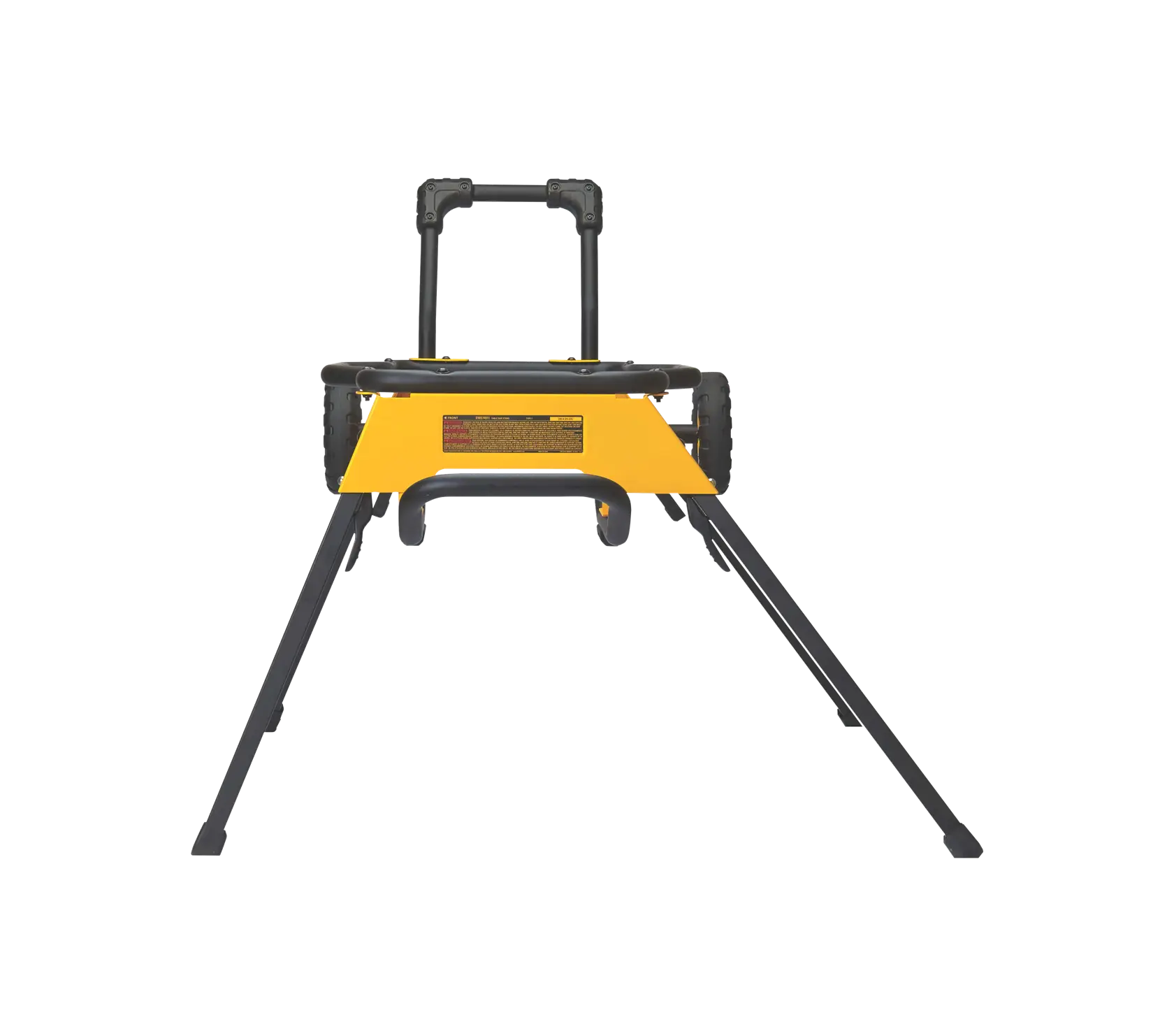 Vue de face d'un support roulant portable DEWALT pour scie à table, doté d'un cadre jaune, de pieds pliants noirs et de deux grandes roues pour faciliter le déplacement.