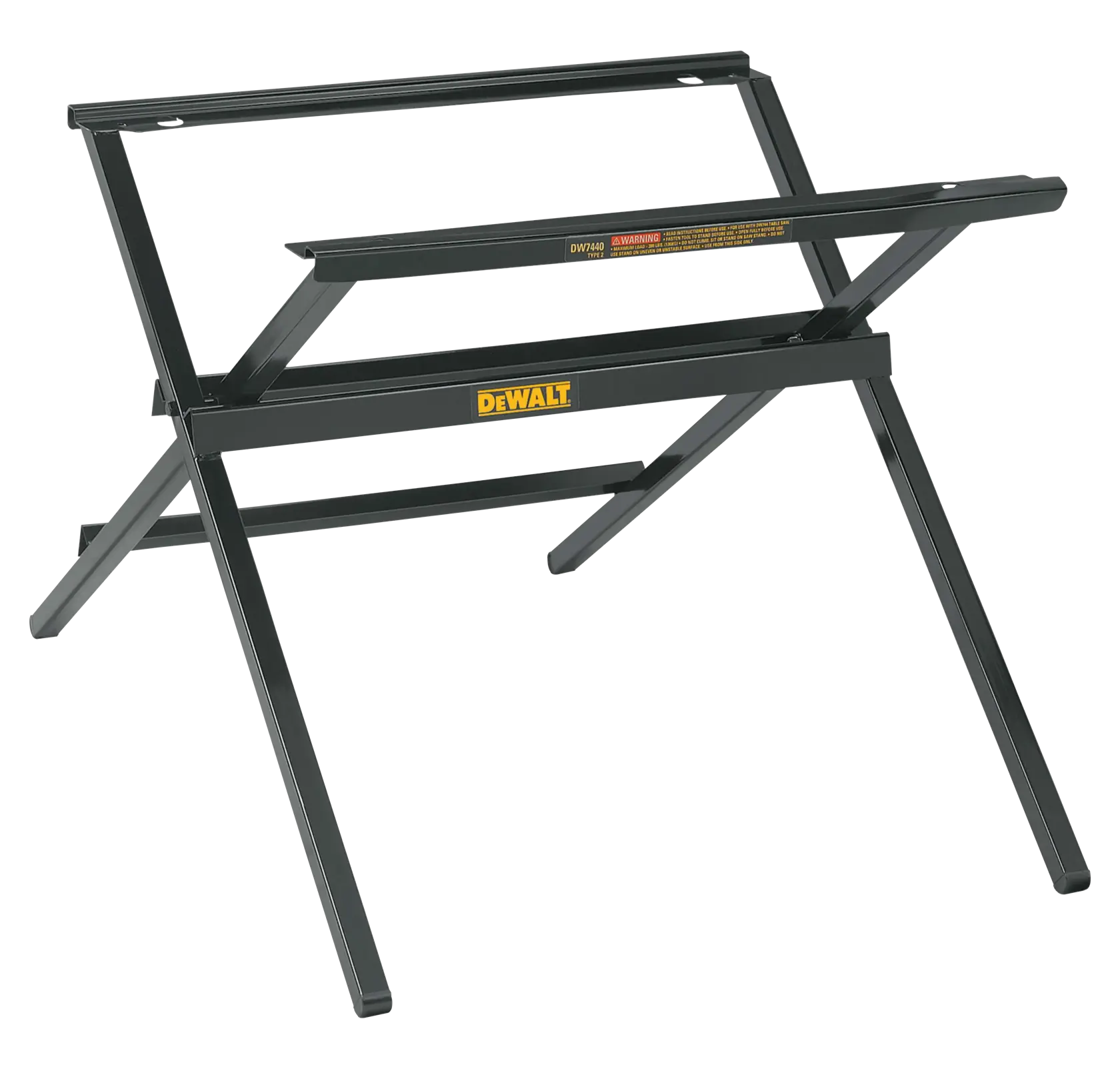 DEWALT folding metal stand for supporting tools, black finish, sturdy and compact for workshop use.