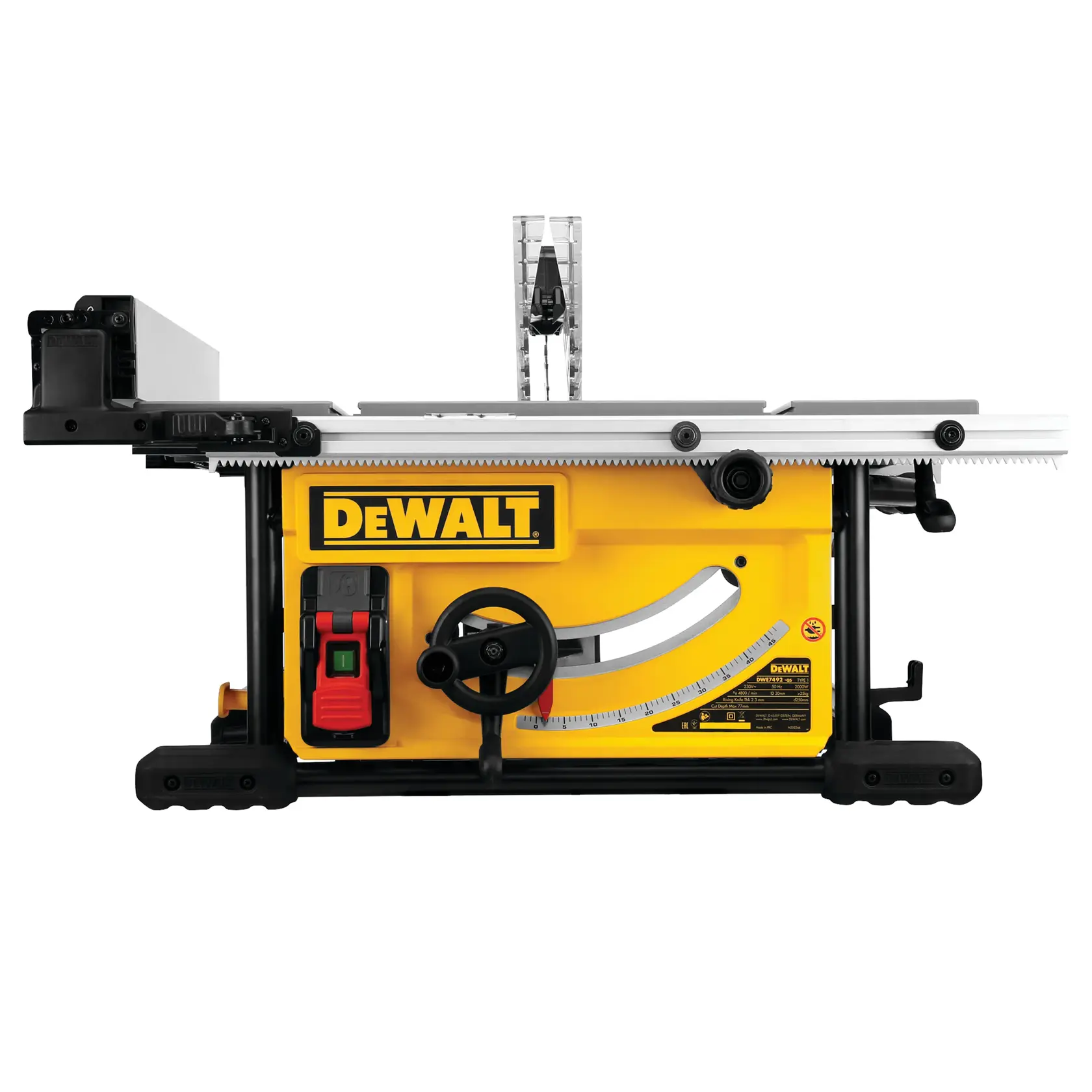 Front view of a DEWALT table saw with a yellow body, black handle, and a clear blade guard on top. The saw features adjustment controls and a measurement guide.