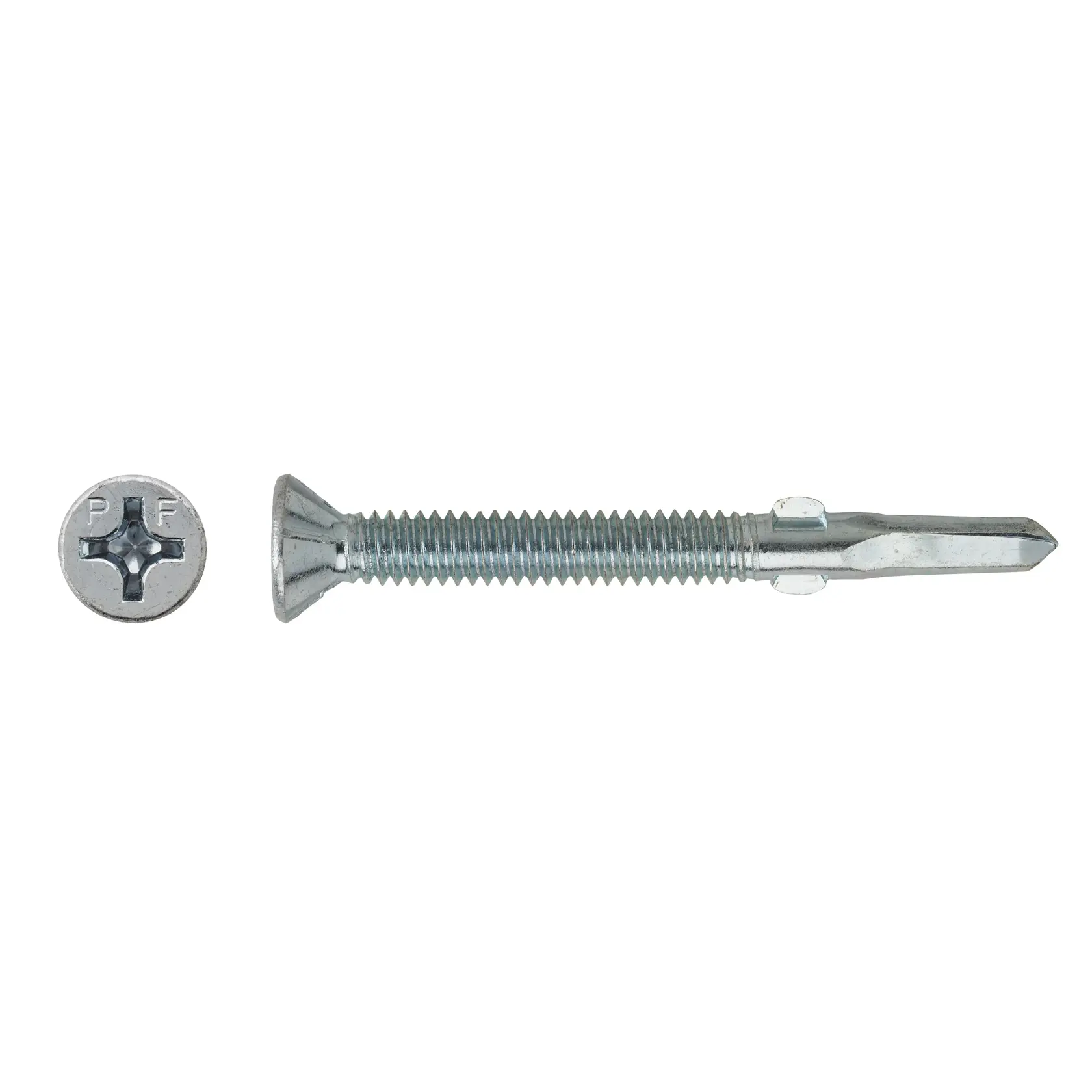 A metal flat head screw with a Phillips drive and self-drilling tip, shown from side and top view.