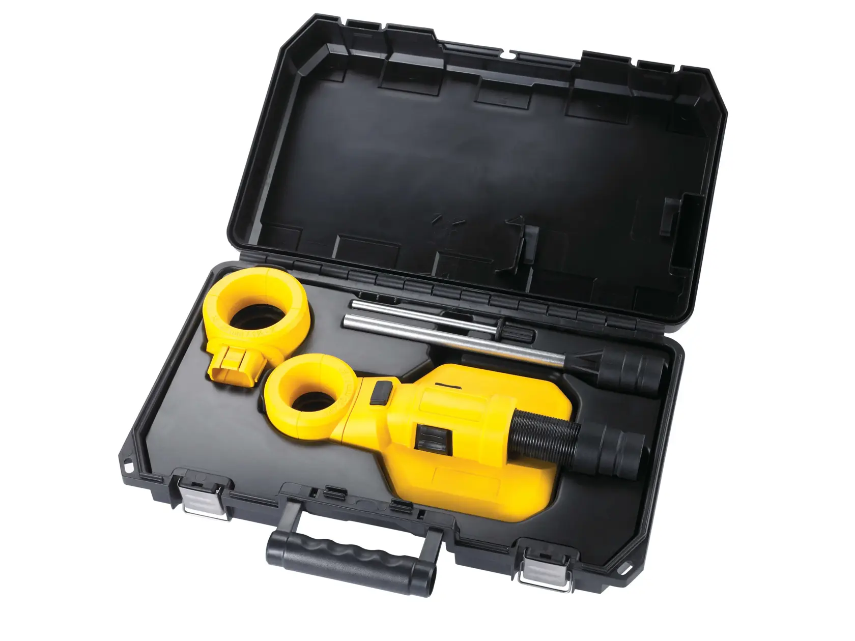 Ein gelbes DEWALT-Werkzeug mit Aufsätzen und Metallstäben in einem schwarzen Hartplastik-Tragekoffer mit Griff und Verschlüssen.